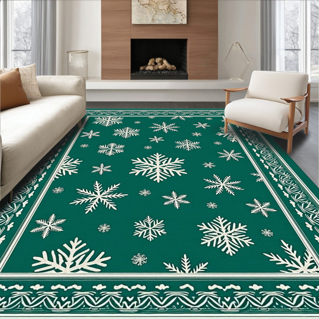 Winter Snowflake Patterned Emerald Rug