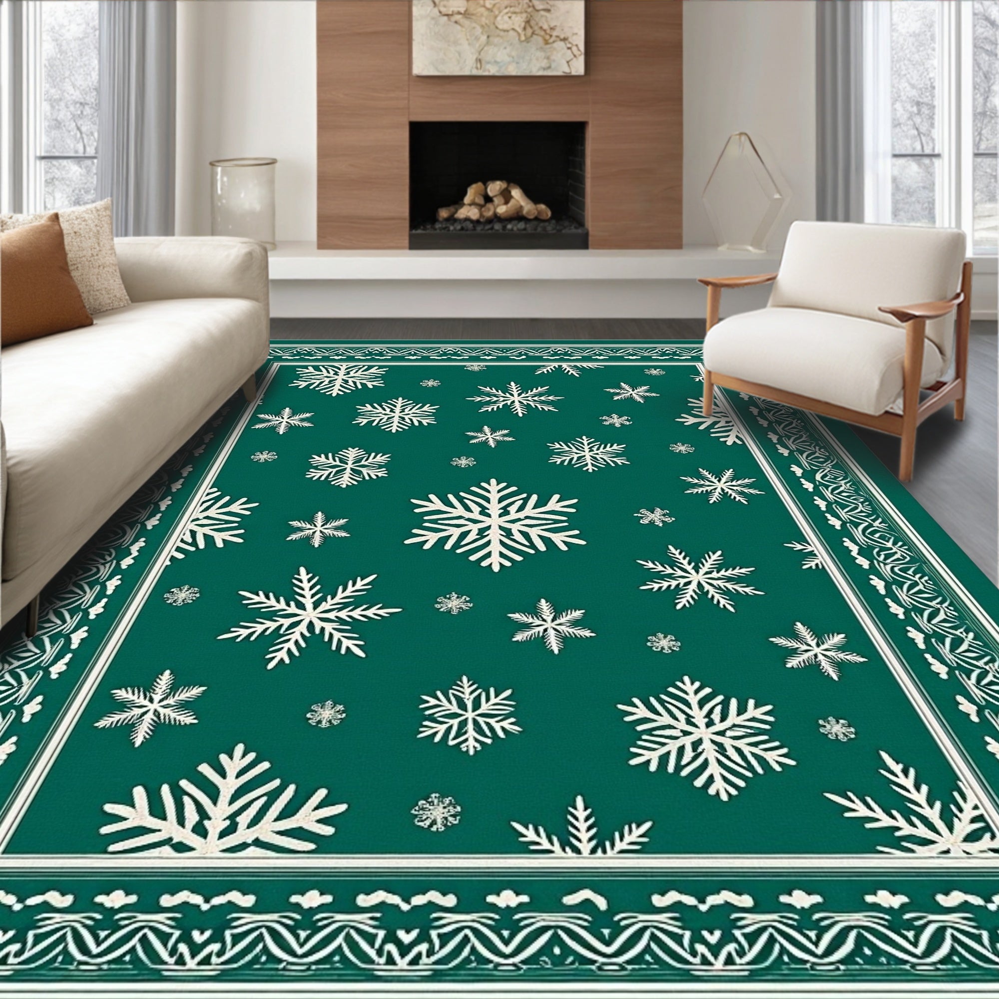 Winter Snowflake Patterned Emerald Rug
