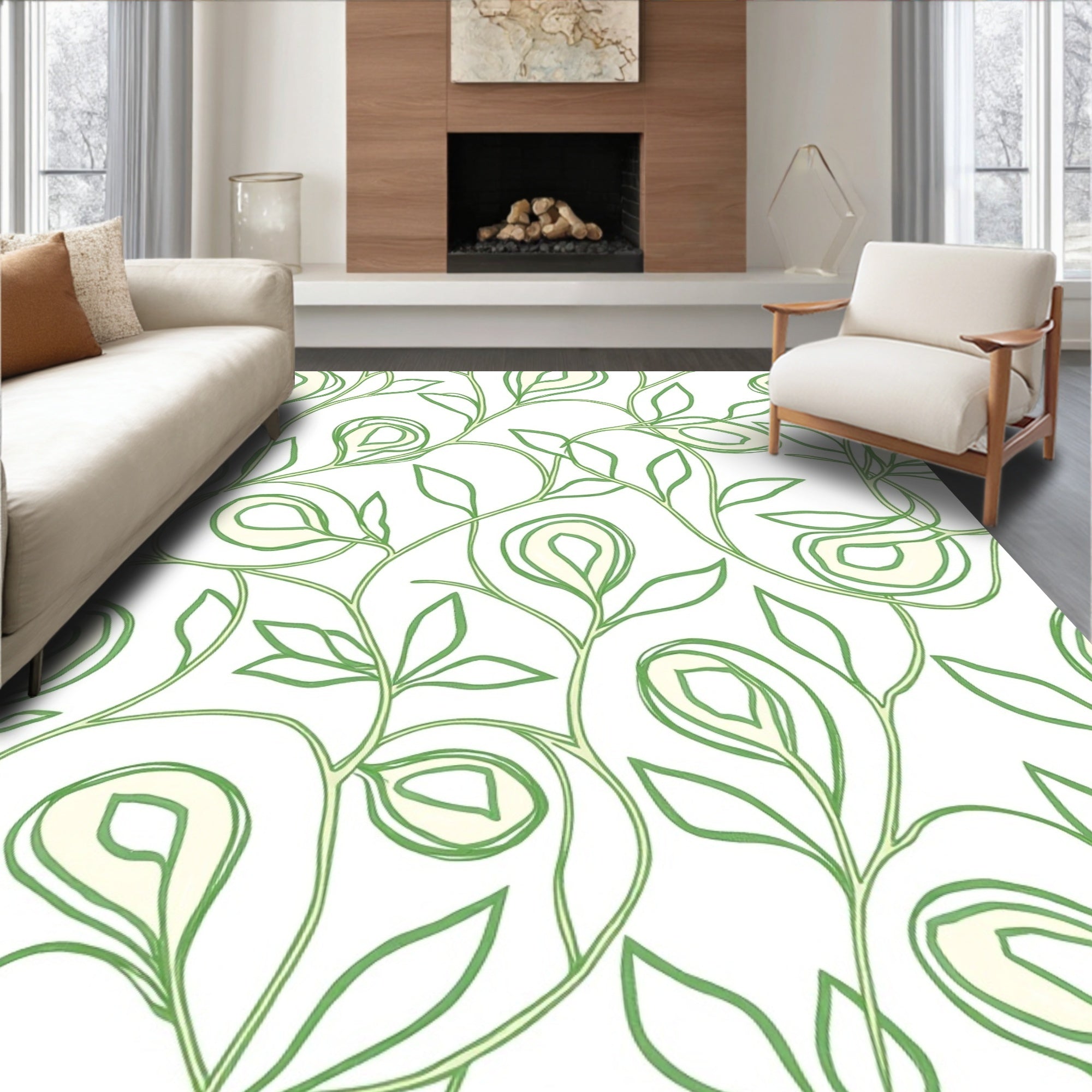 Green Swirl Floral Vine Pattern Rug