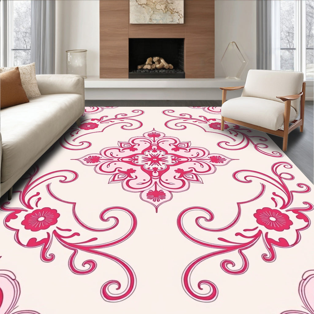Pink Floral Scrollwork Design Rug