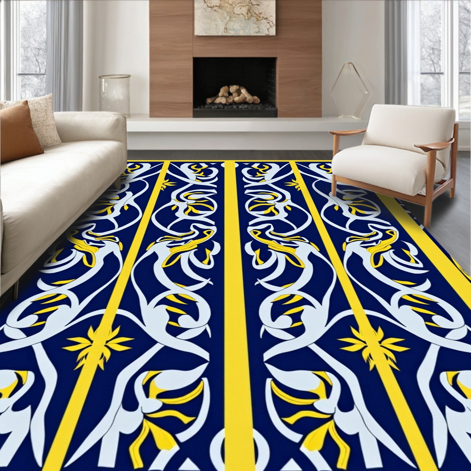 Ornate Dark Blue Yellow Floral Pattern Rug