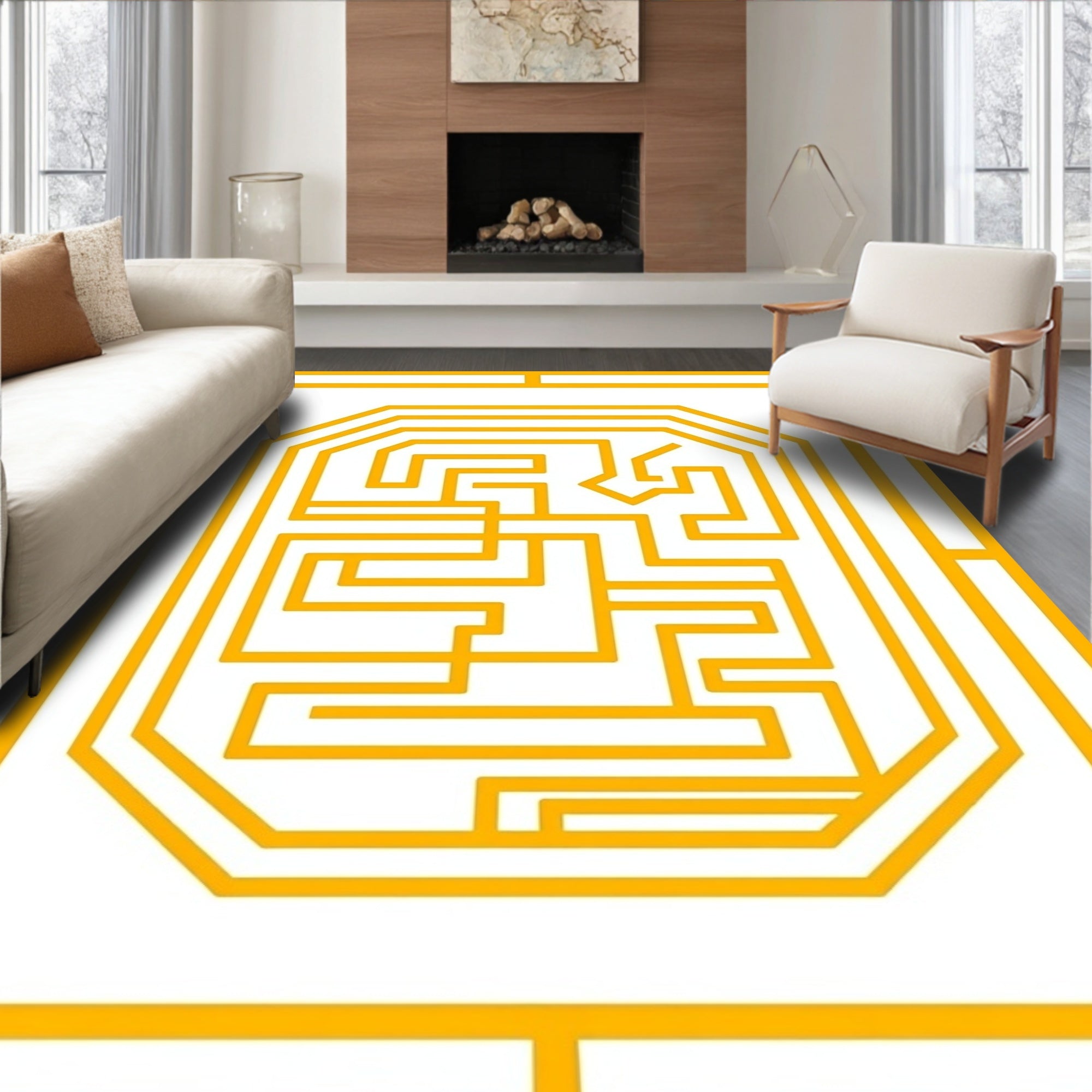 Golden Maze Patterned Geometric Design Rug