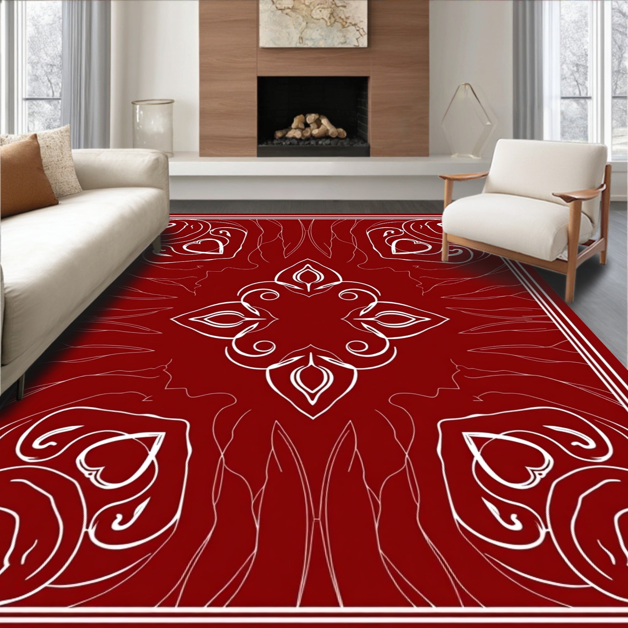 Folk Heart Leaf Mandala Design Rug