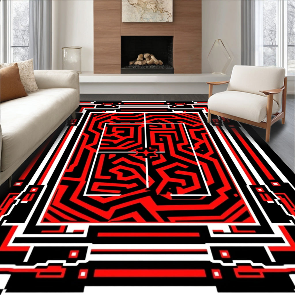 Bold Red Black Geometric Maze Rug