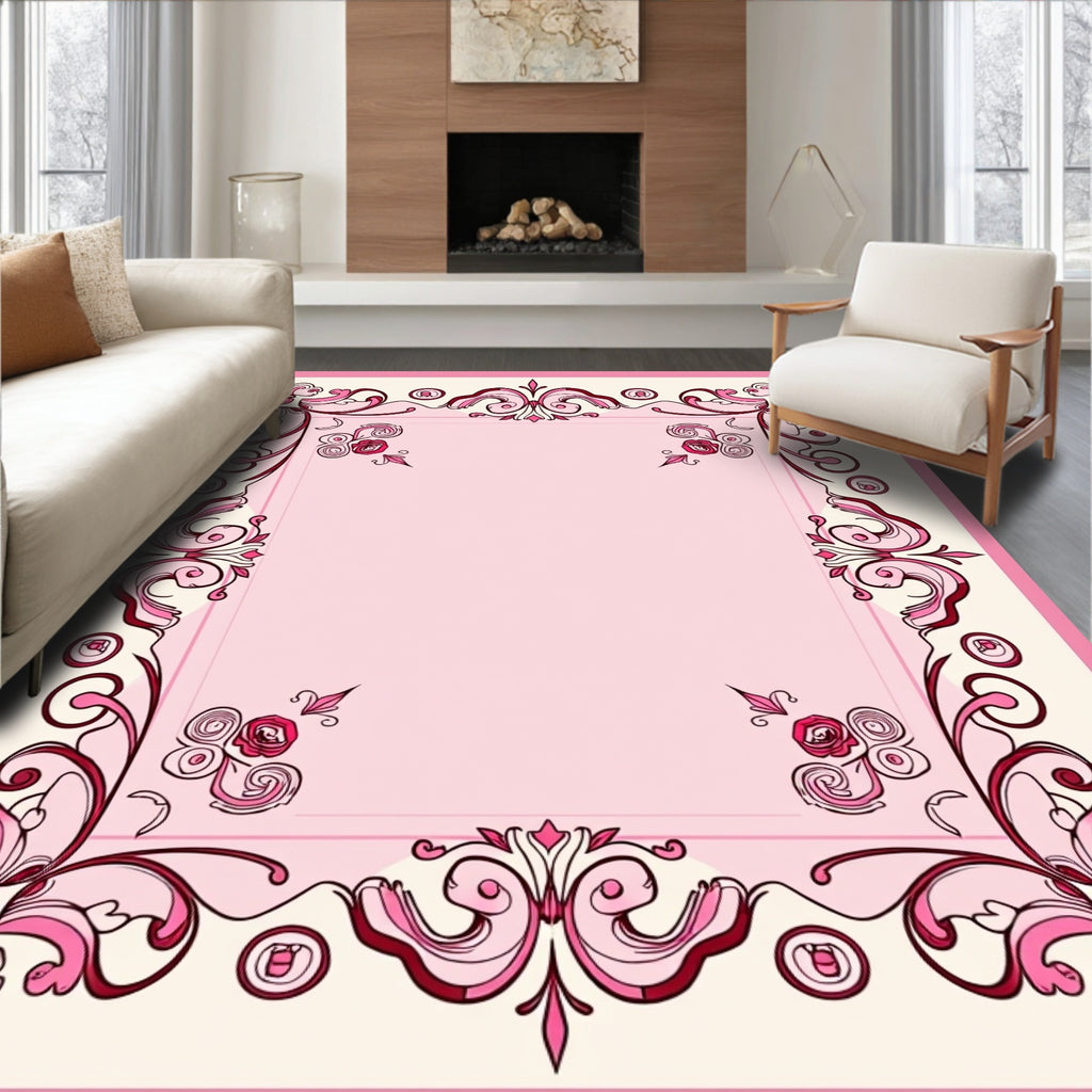 Pink Floral Scroll Border Design Rug