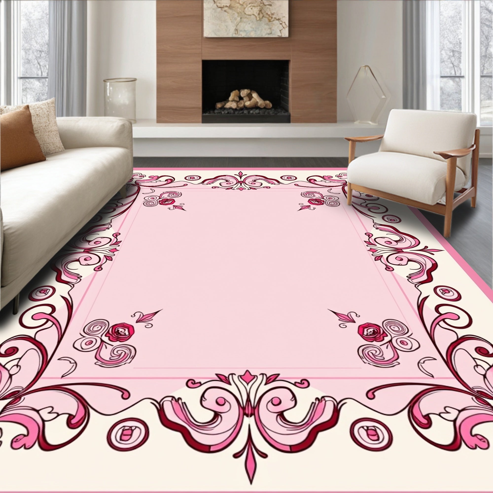Pink Floral Scroll Border Design Rug