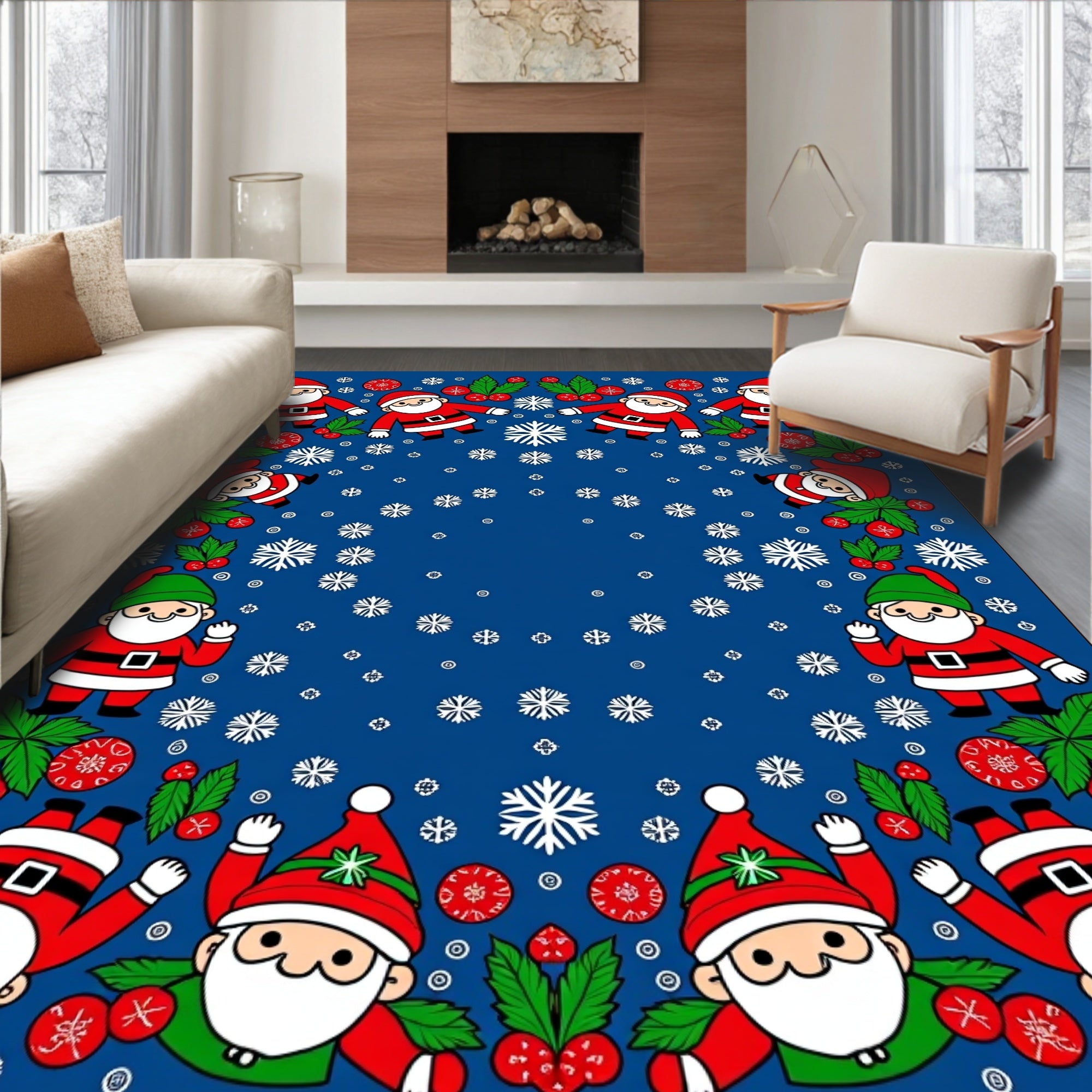 Whimsical Santa Claus Snowfall Blue Rug