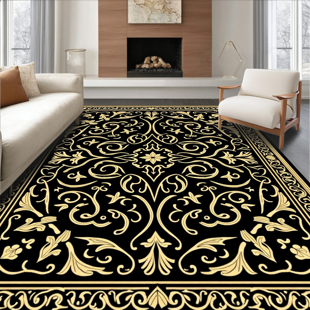 Elegant Golden Black Floral Medallion Rug