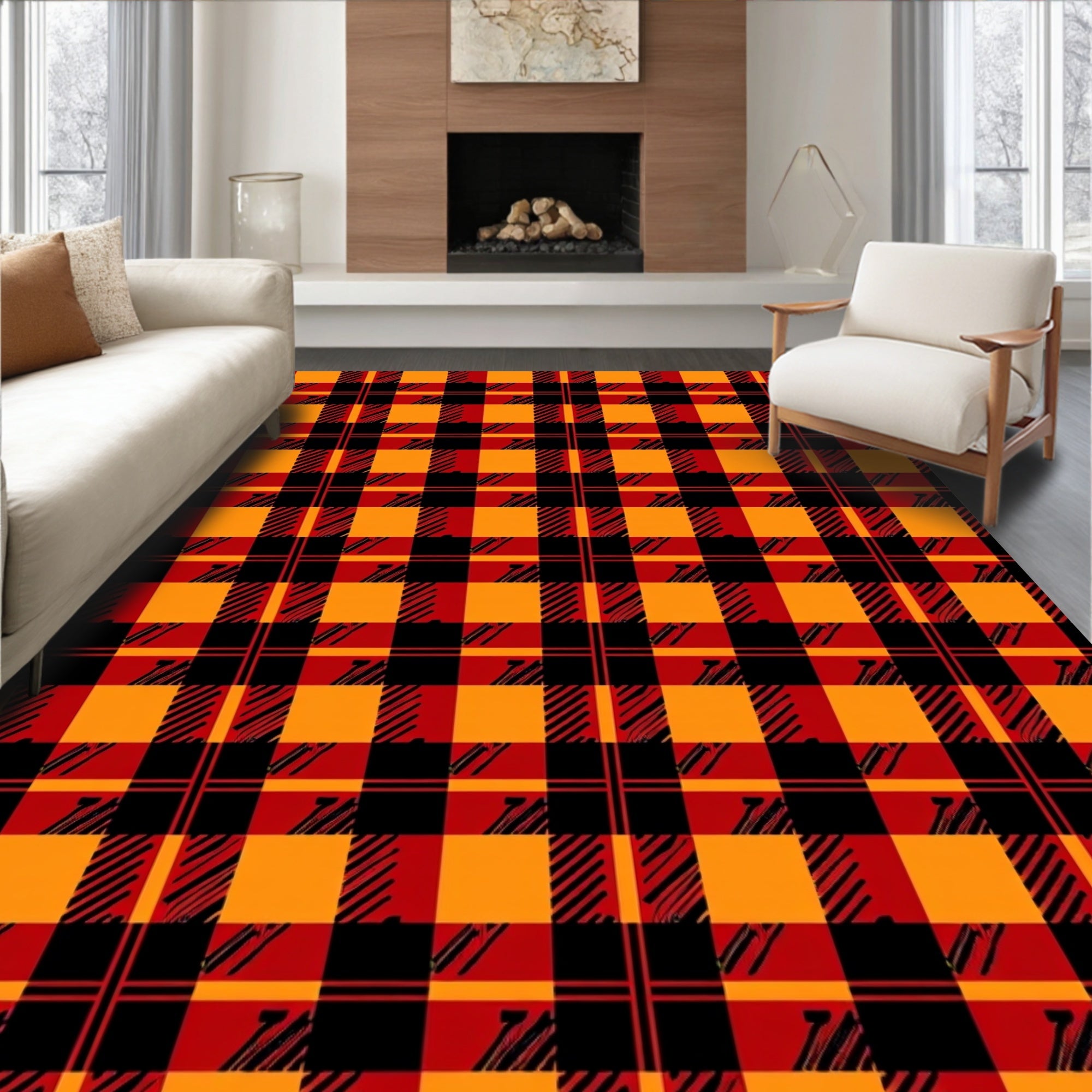 Bold Red Orange Black Plaid Pattern Rug