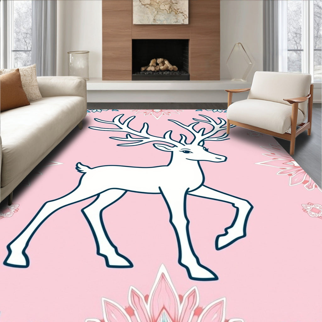 Pink Deer With Floral Garland Border Rug