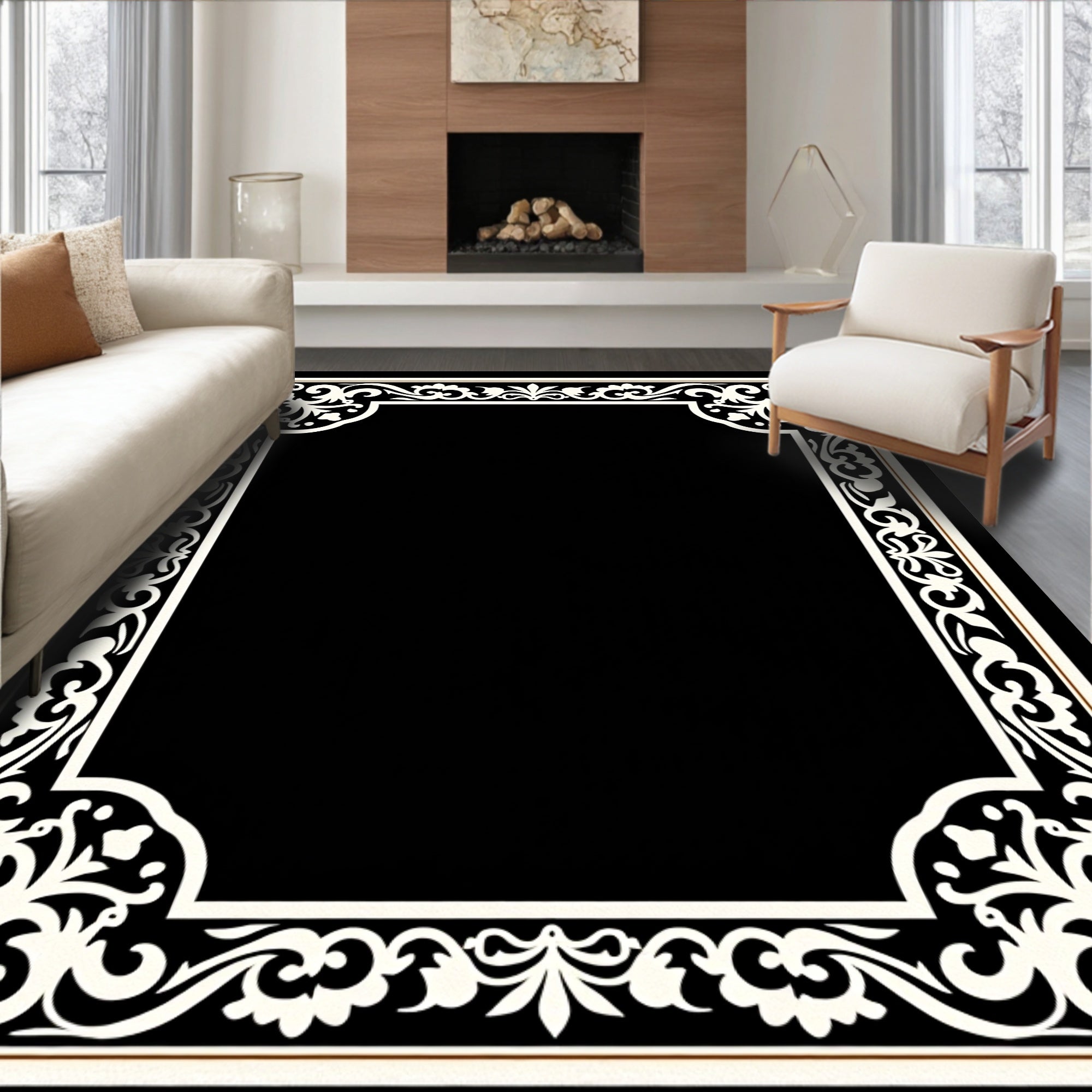 Elegant Floral Swirl Decorative Border Rug