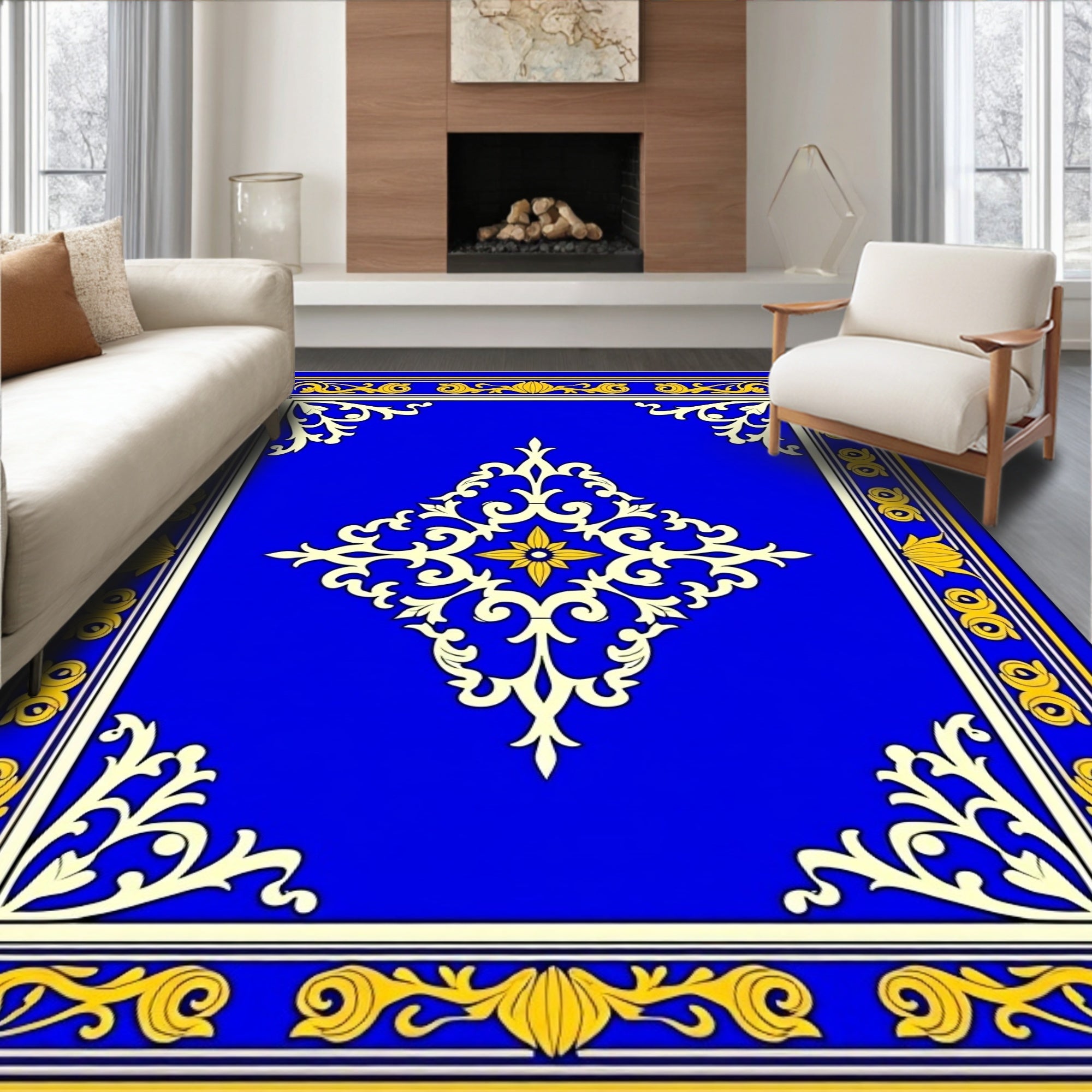 Regal Blue Gold Ornate Floral Design Rug