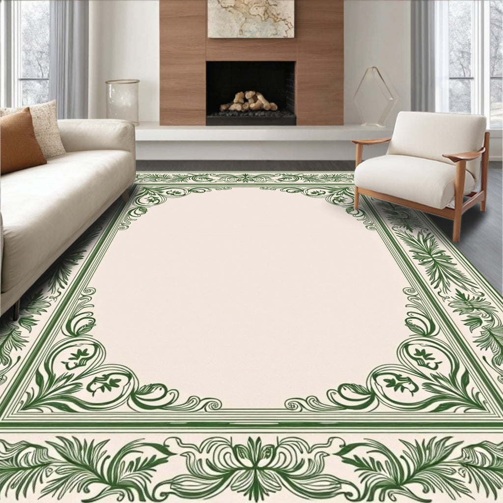 Elegant Green Floral Scrollwork Frame Rug