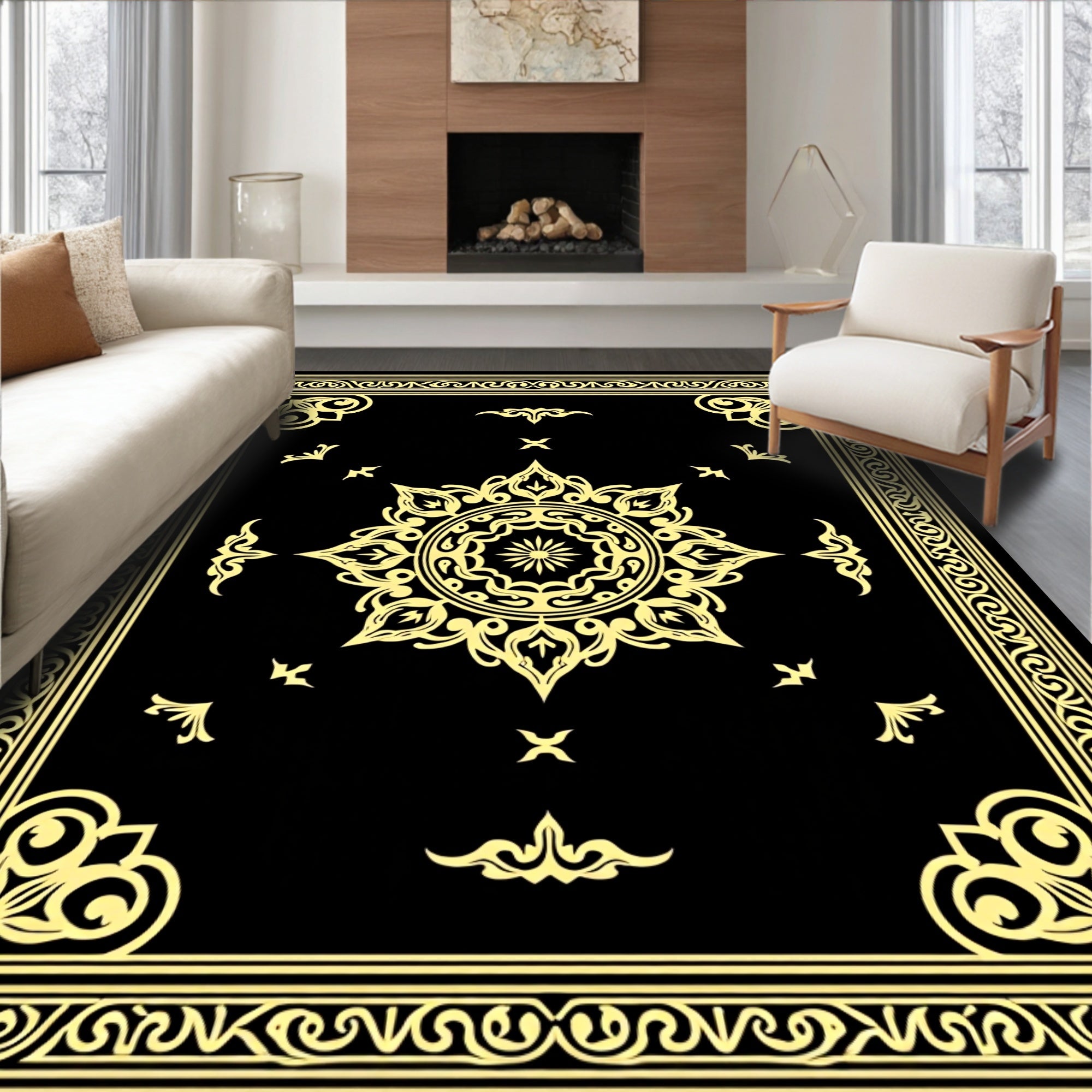 Ornate Black Gold Mandala Rug