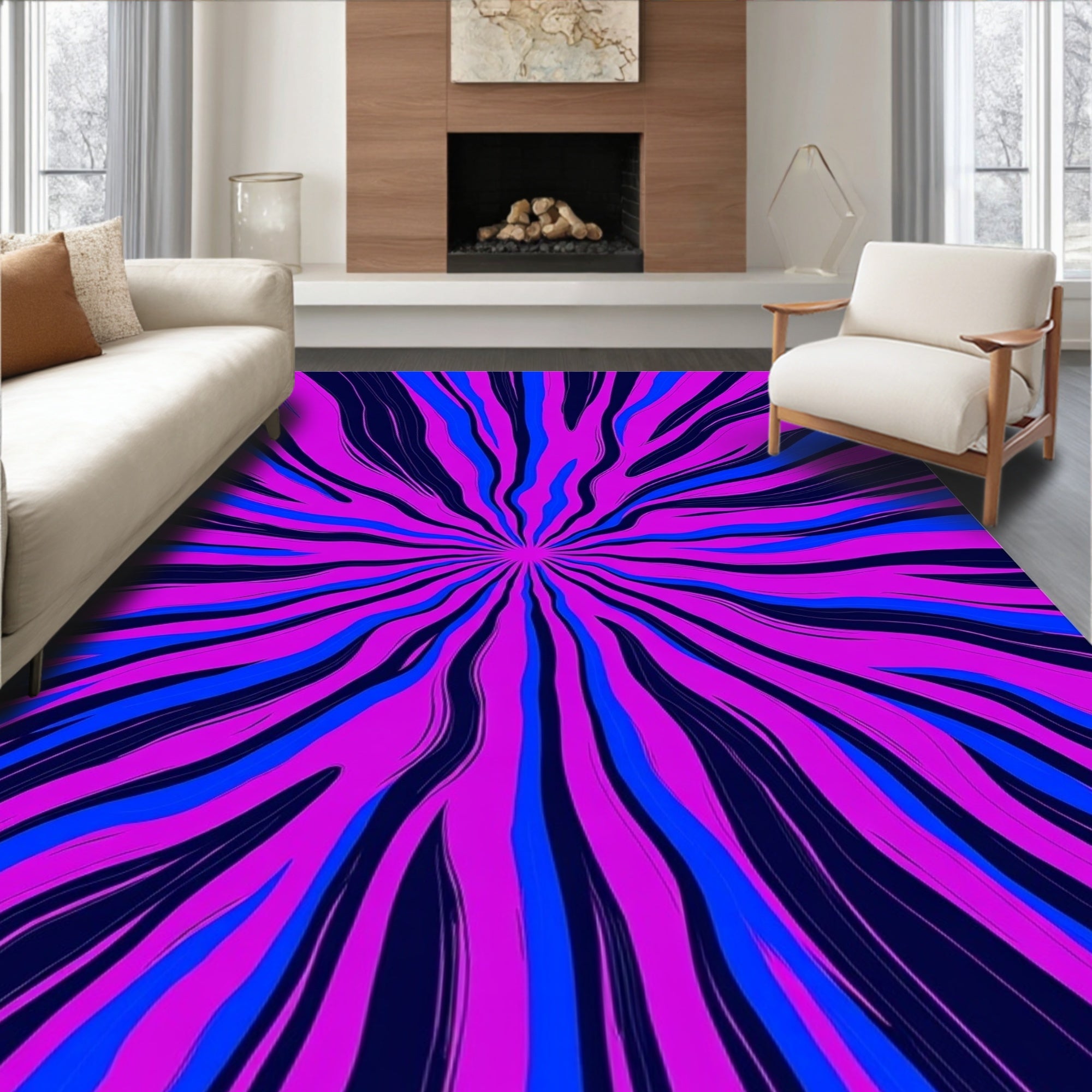 Radiating Abstract Pink Blue Stripes Rug