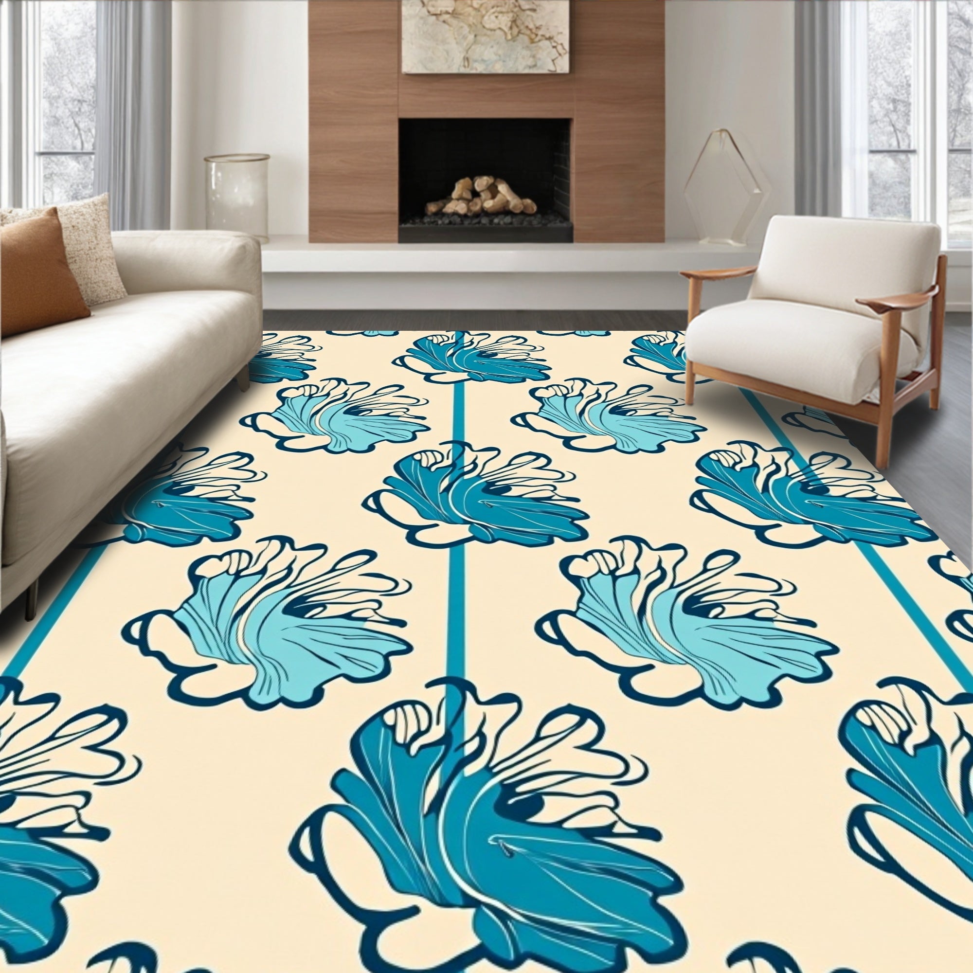 Blue Floral Stripe Pattern Rug