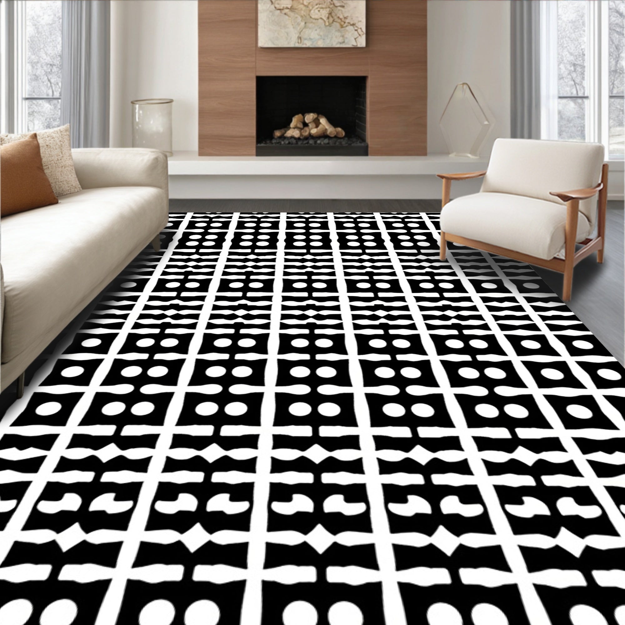 Black White Geometric Dot Pattern Rug