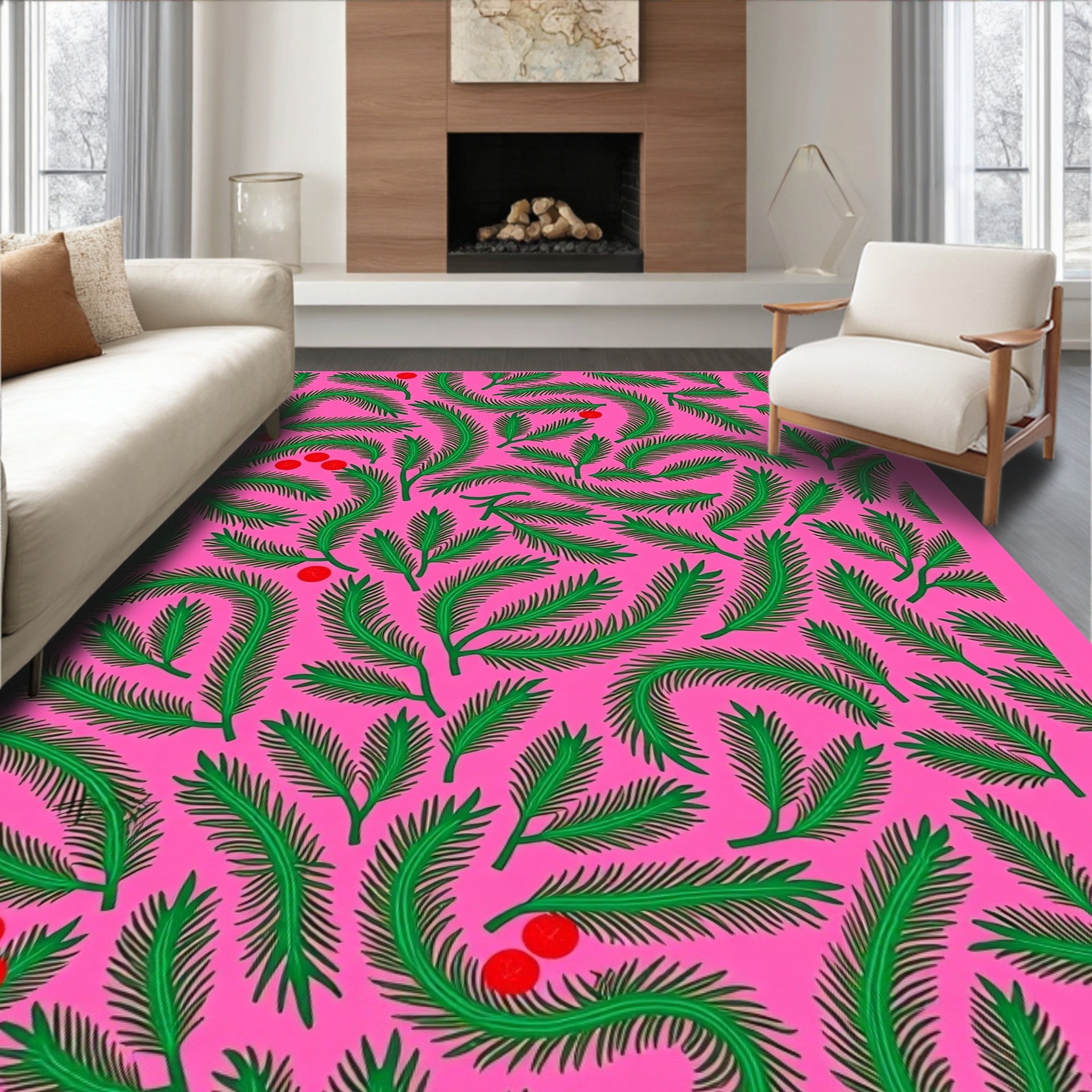 Vibrant Green Fronds Red Berries Rug