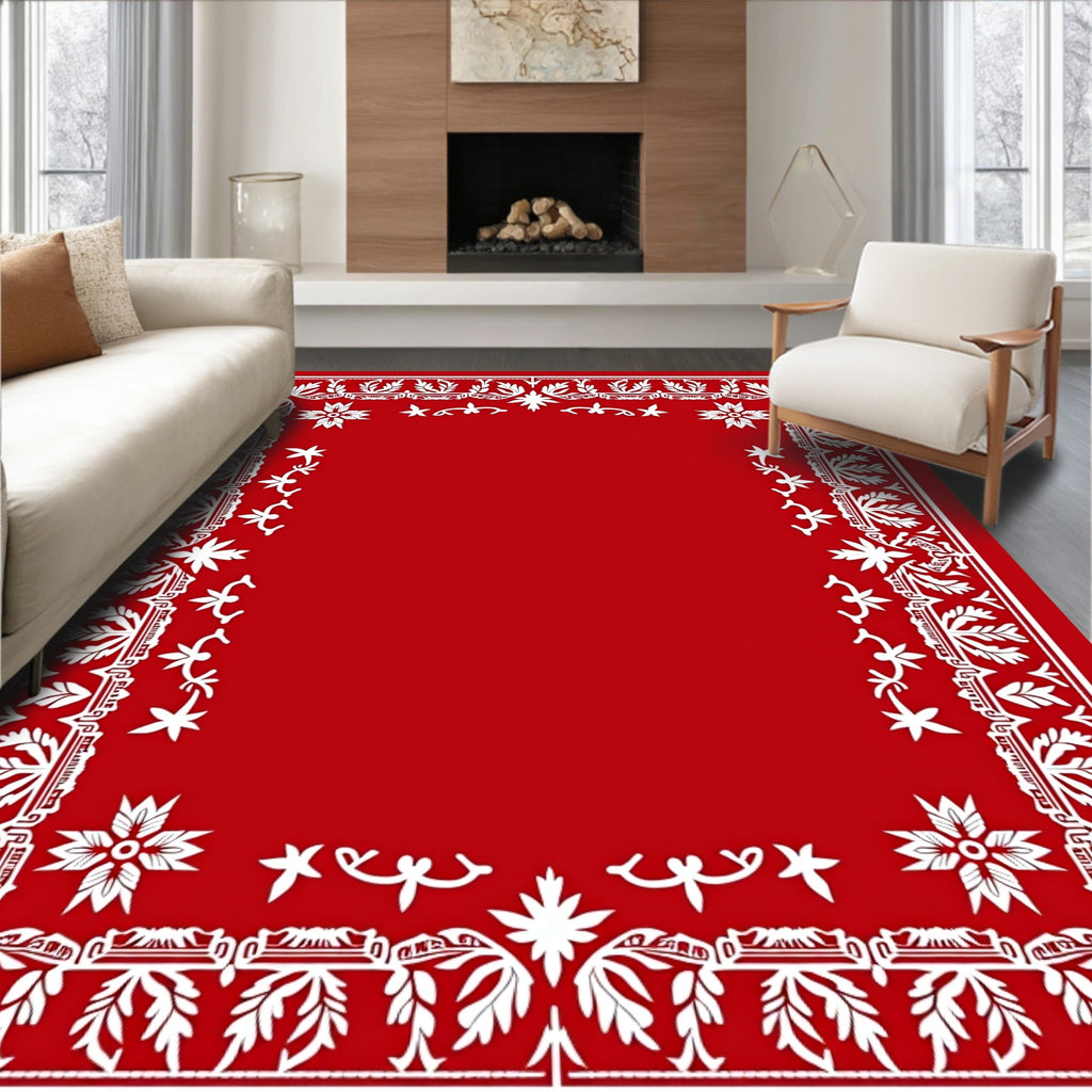 Red White Floral Leaf Border Design Rug