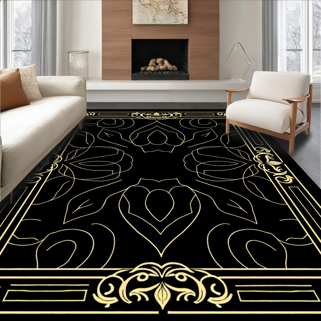 Ornate Gold Floral Border Design Rug