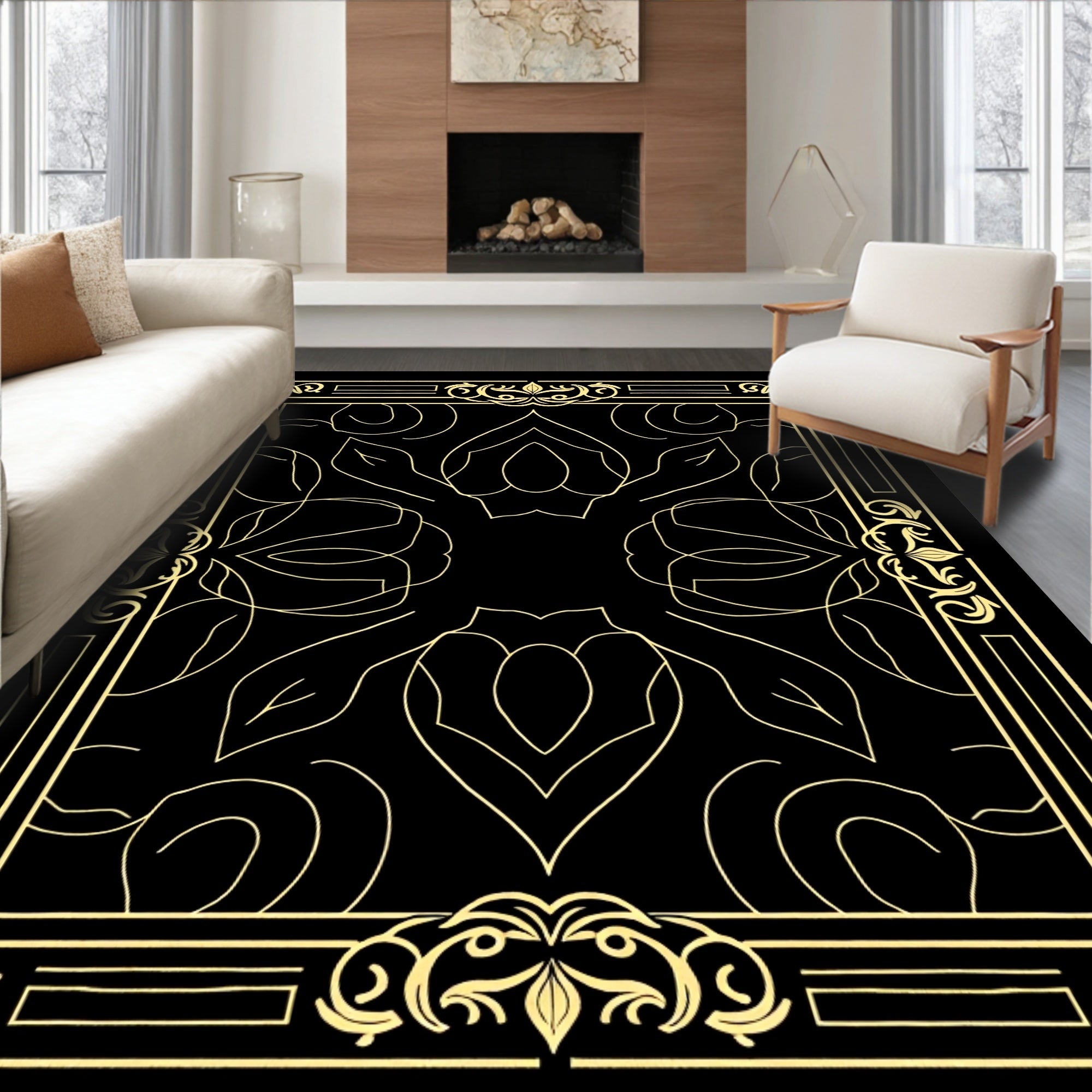 Ornate Gold Floral Border Design Rug