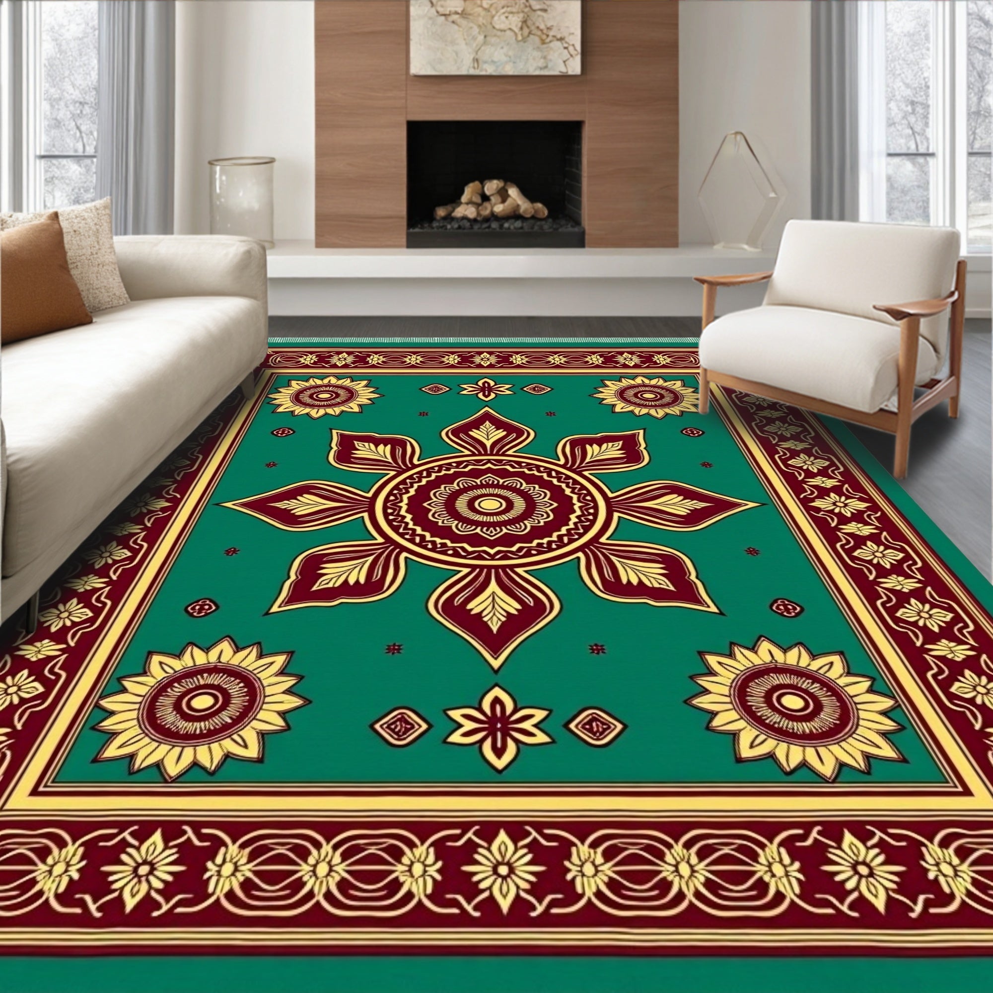 Emerald Yellow Maroon Floral Medallion Rug