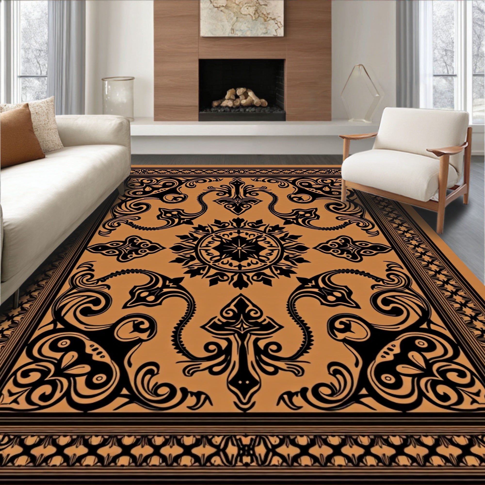 Ornate Black And Amber Floral Rug