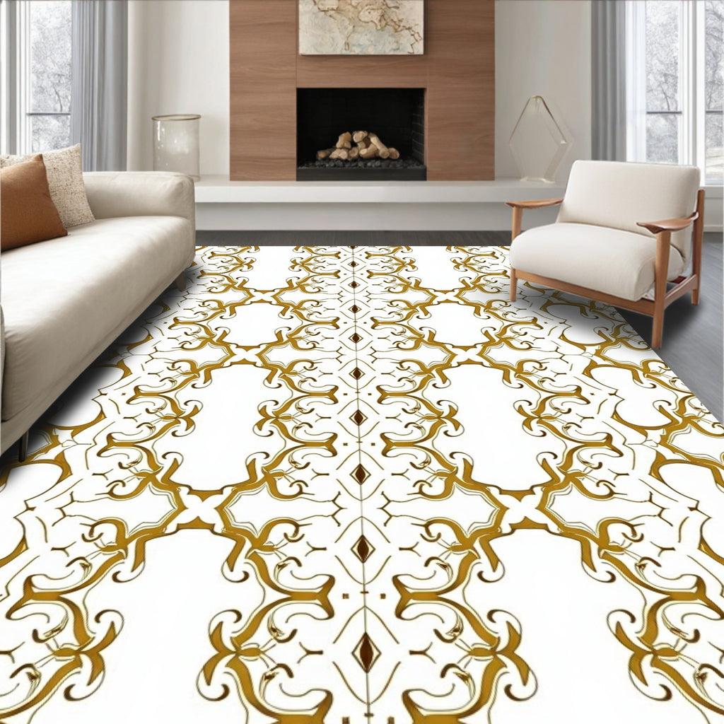 Ornate Gold White Stylized Scroll Pattern Rug