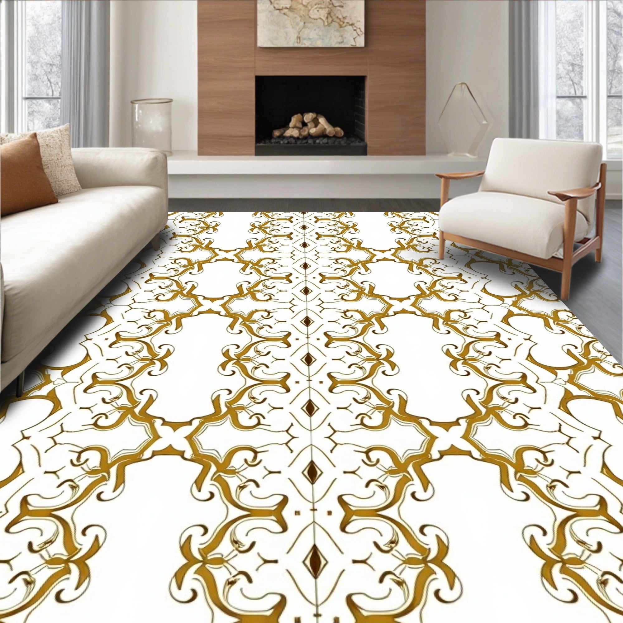 Ornate Gold White Stylized Scroll Pattern Rug