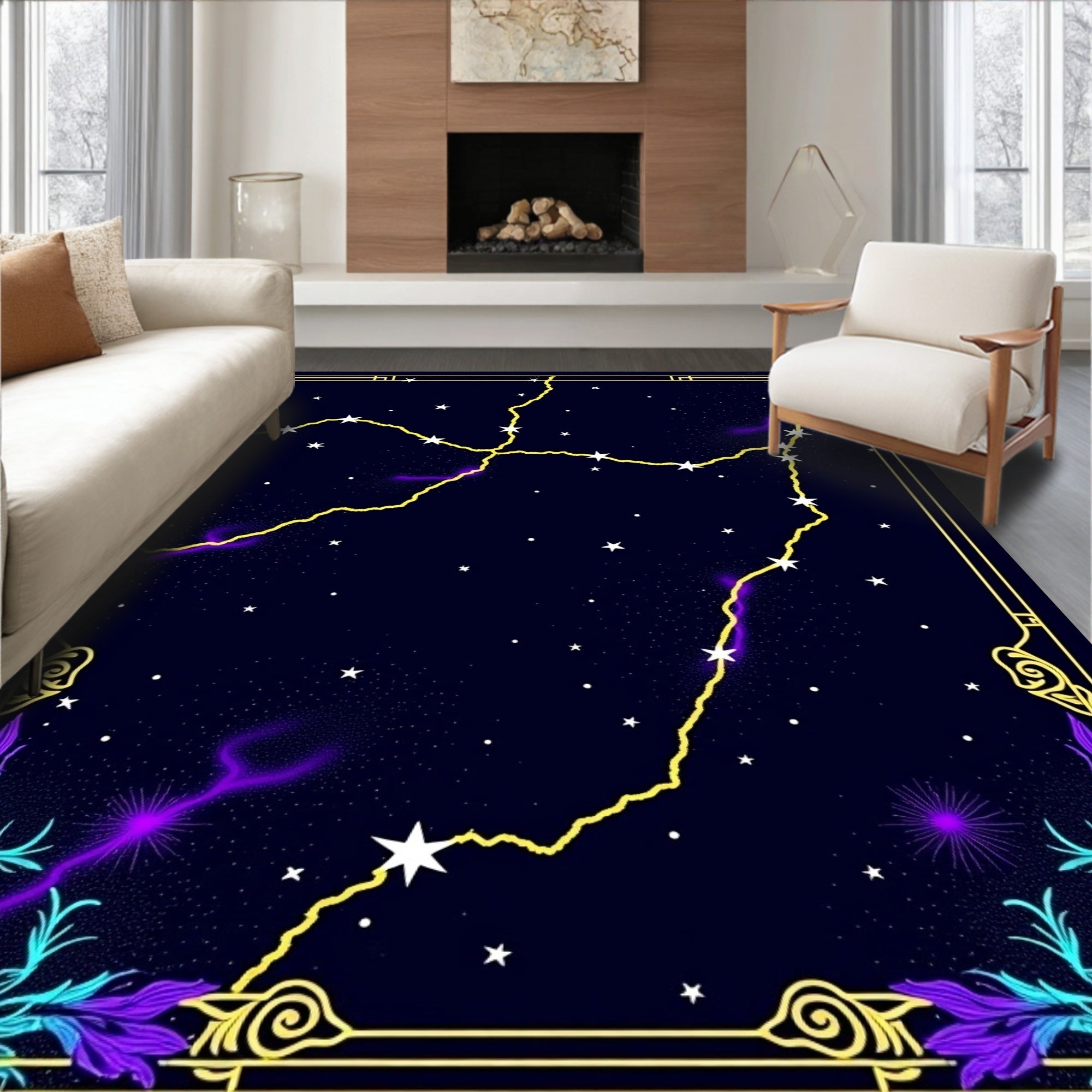 Cosmic Yellow Lightning Stars Neon Swirls Rug