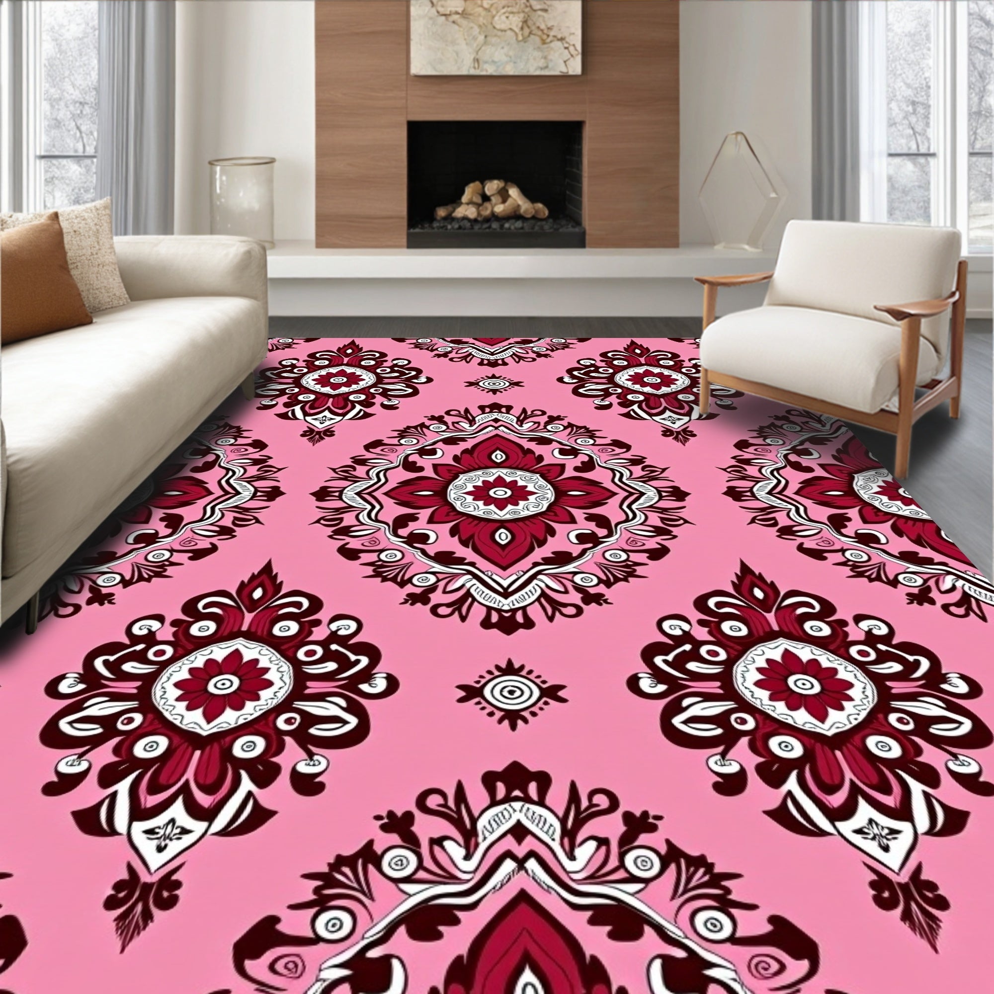 Damask Floral Pink And Burgundy Rug