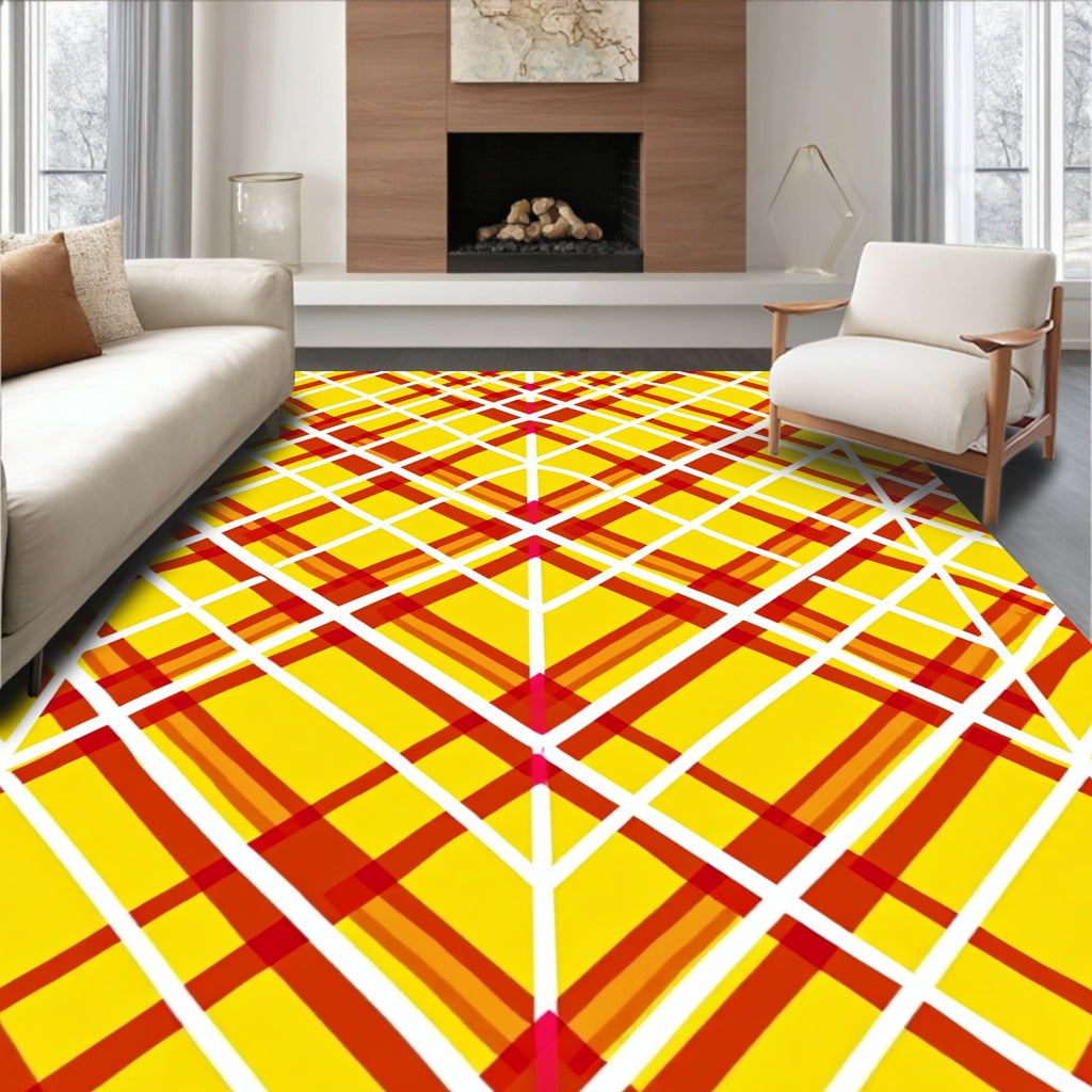 Modern Yellow Red Plaid Design Rug