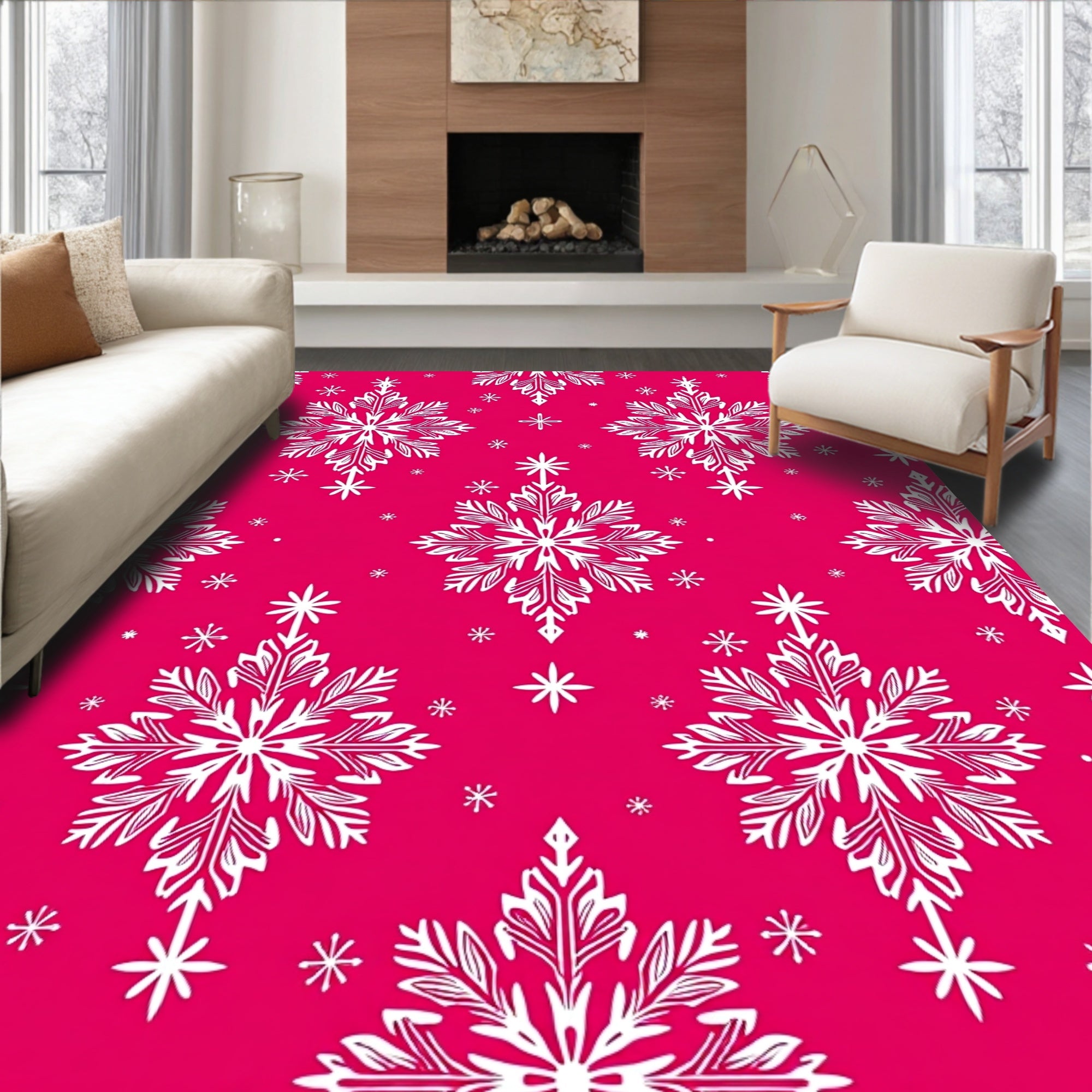 White Snowflake Patterned Pink Rug