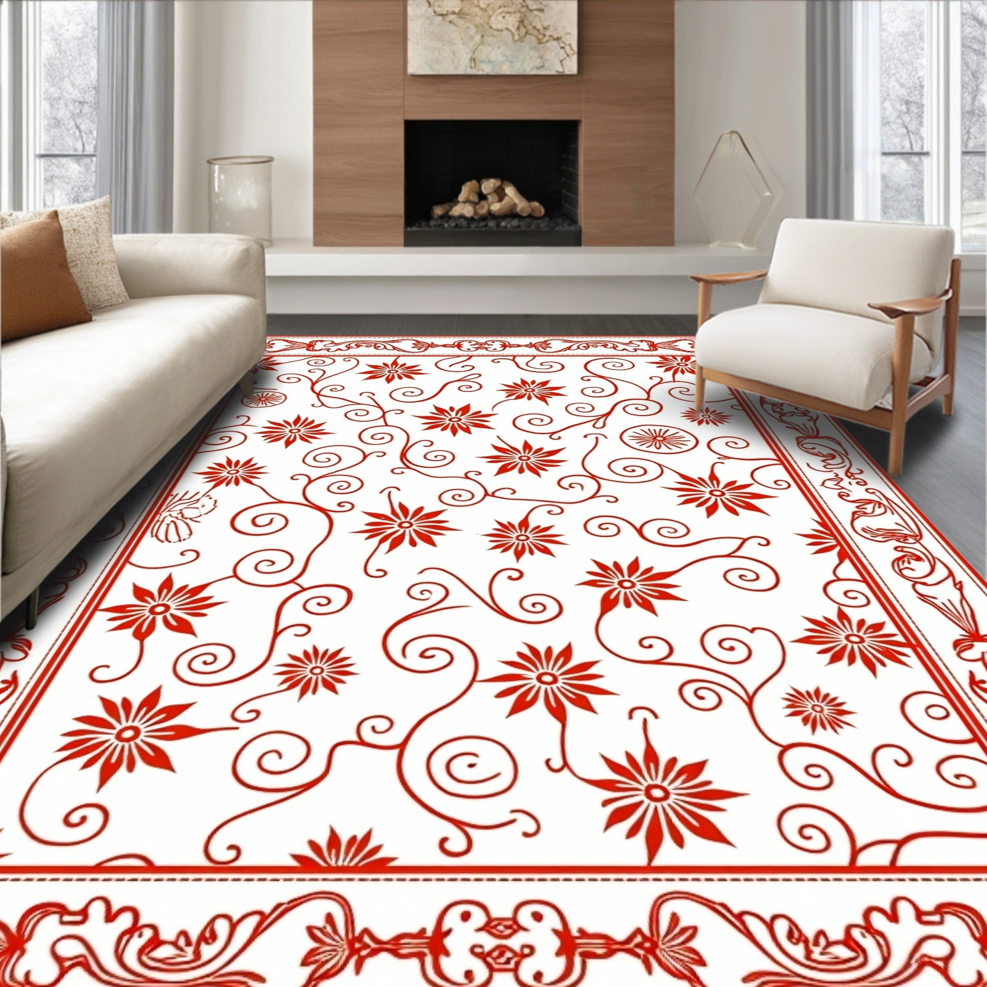 Red Floral Vine Patterned Rug