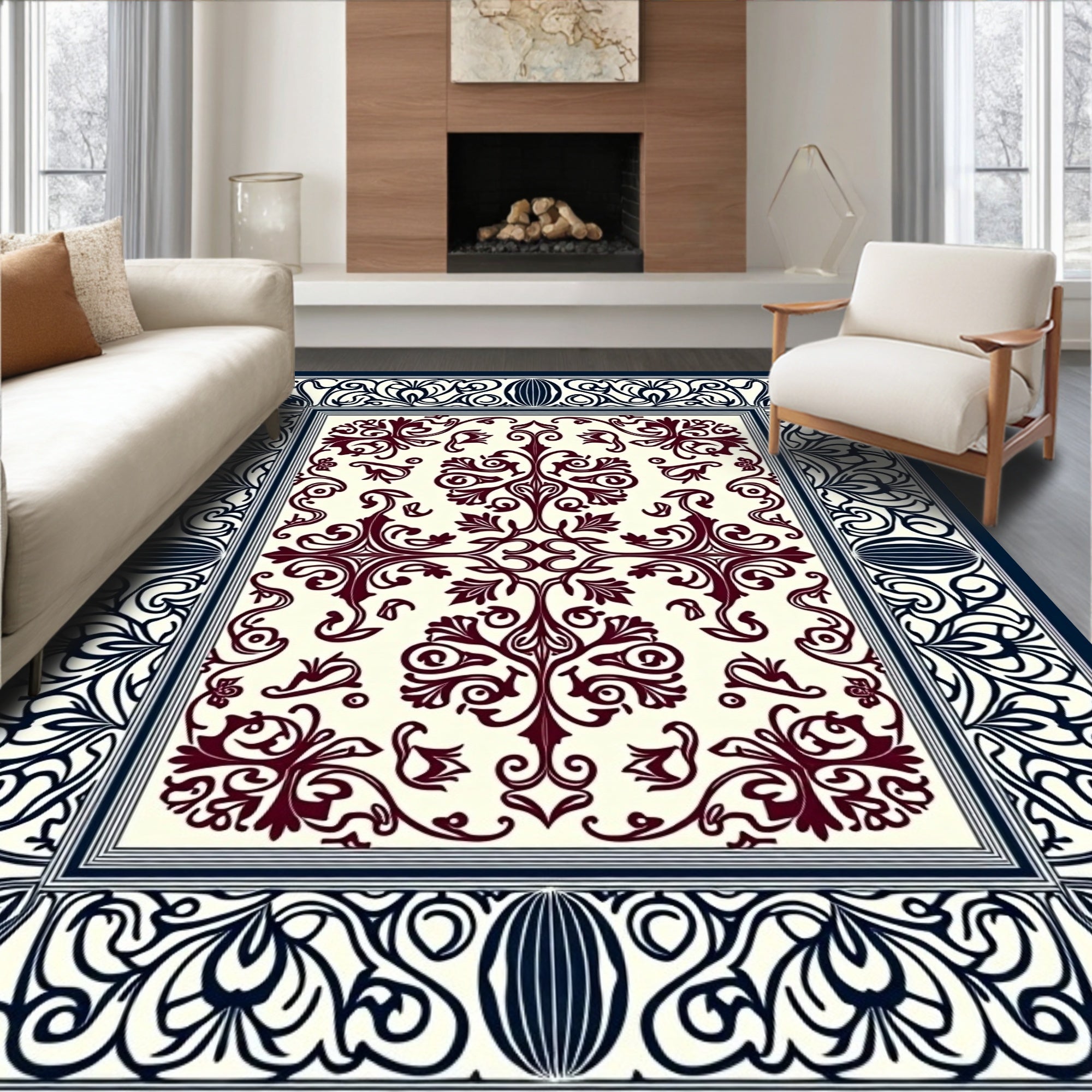 Intricate Scrollwork Floral Damask Rug