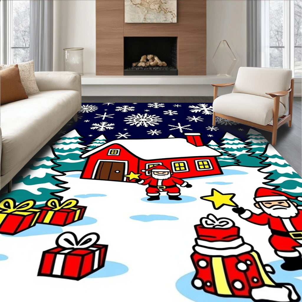 Whimsical Santa Claus Christmas Snowflakes Design Rug