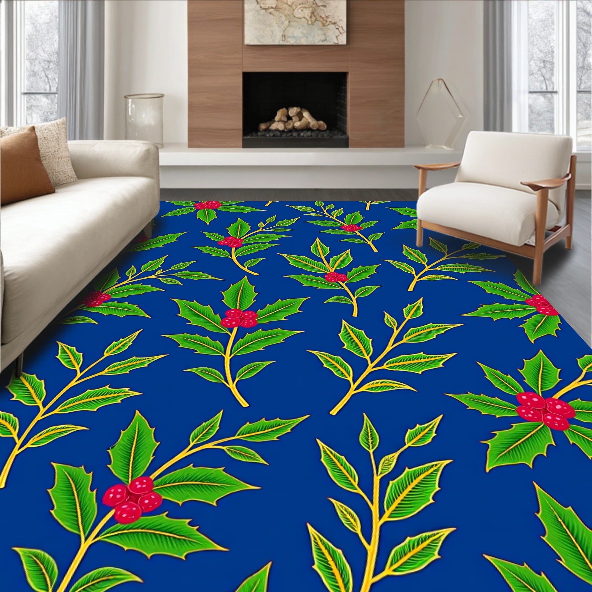 Festive Holly Berry Branch Scatter Rug