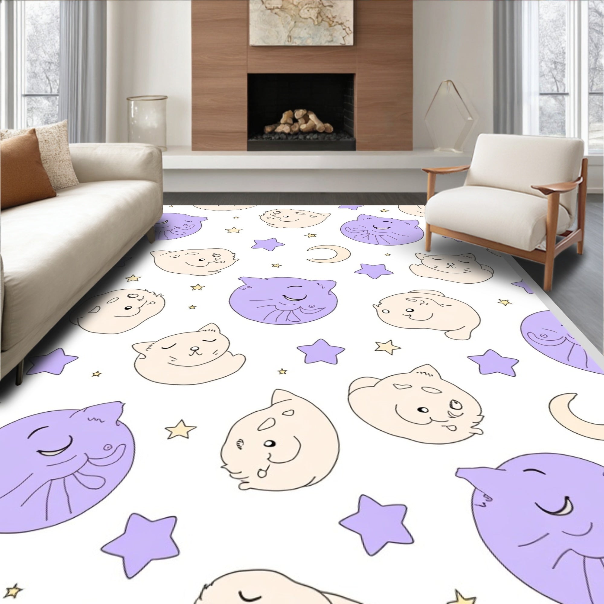 Kawaii Cat Moon Star Pattern Rug