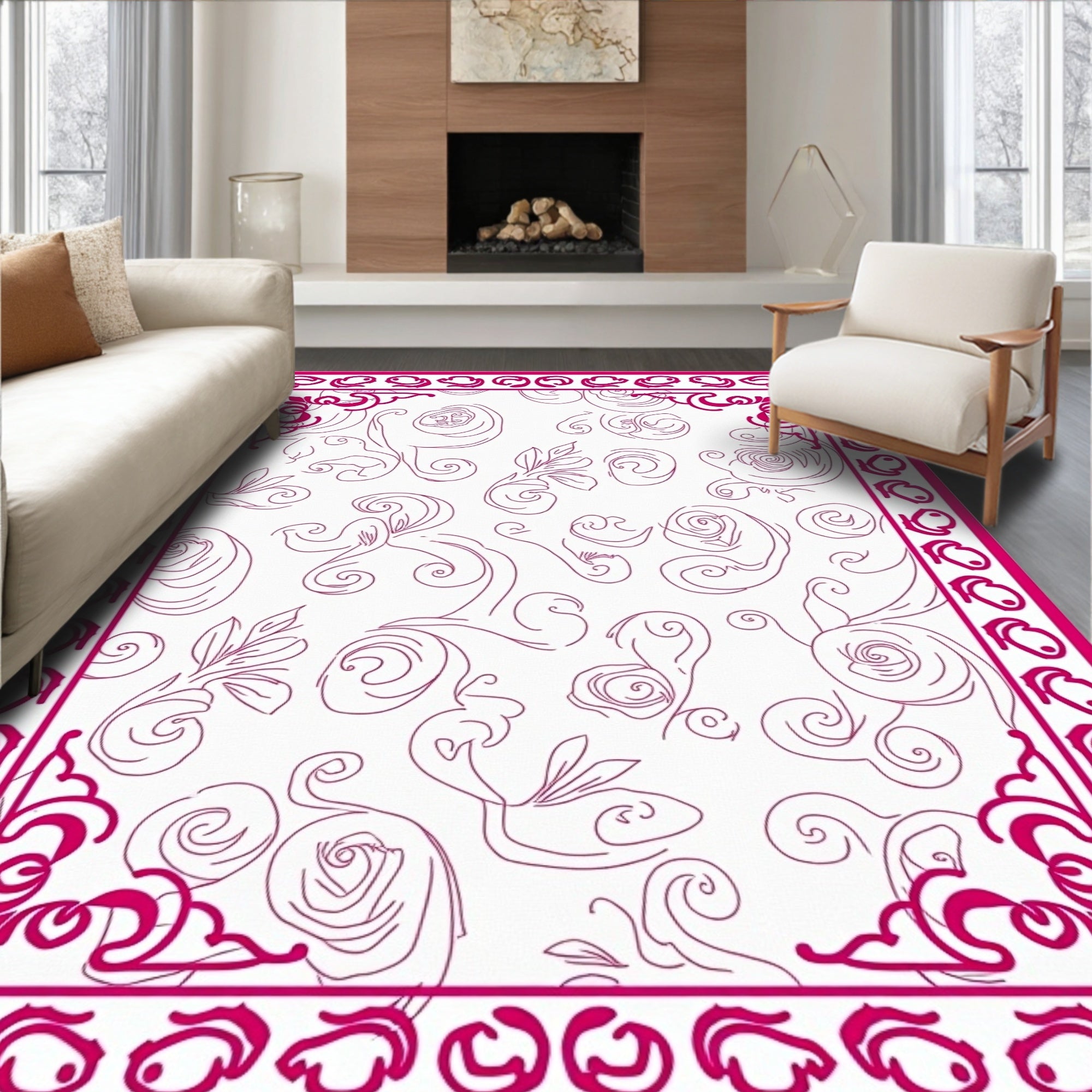 Floral Swirls Bordered Design Rug