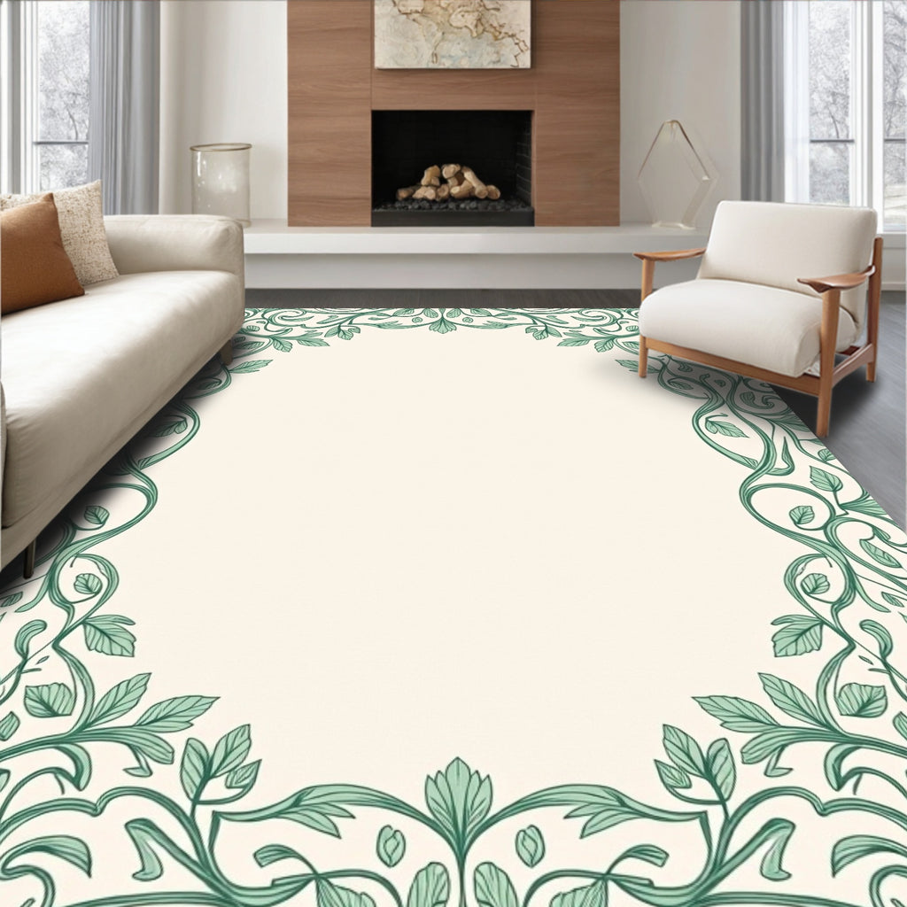 Ornate Green Vine Floral Border Rug