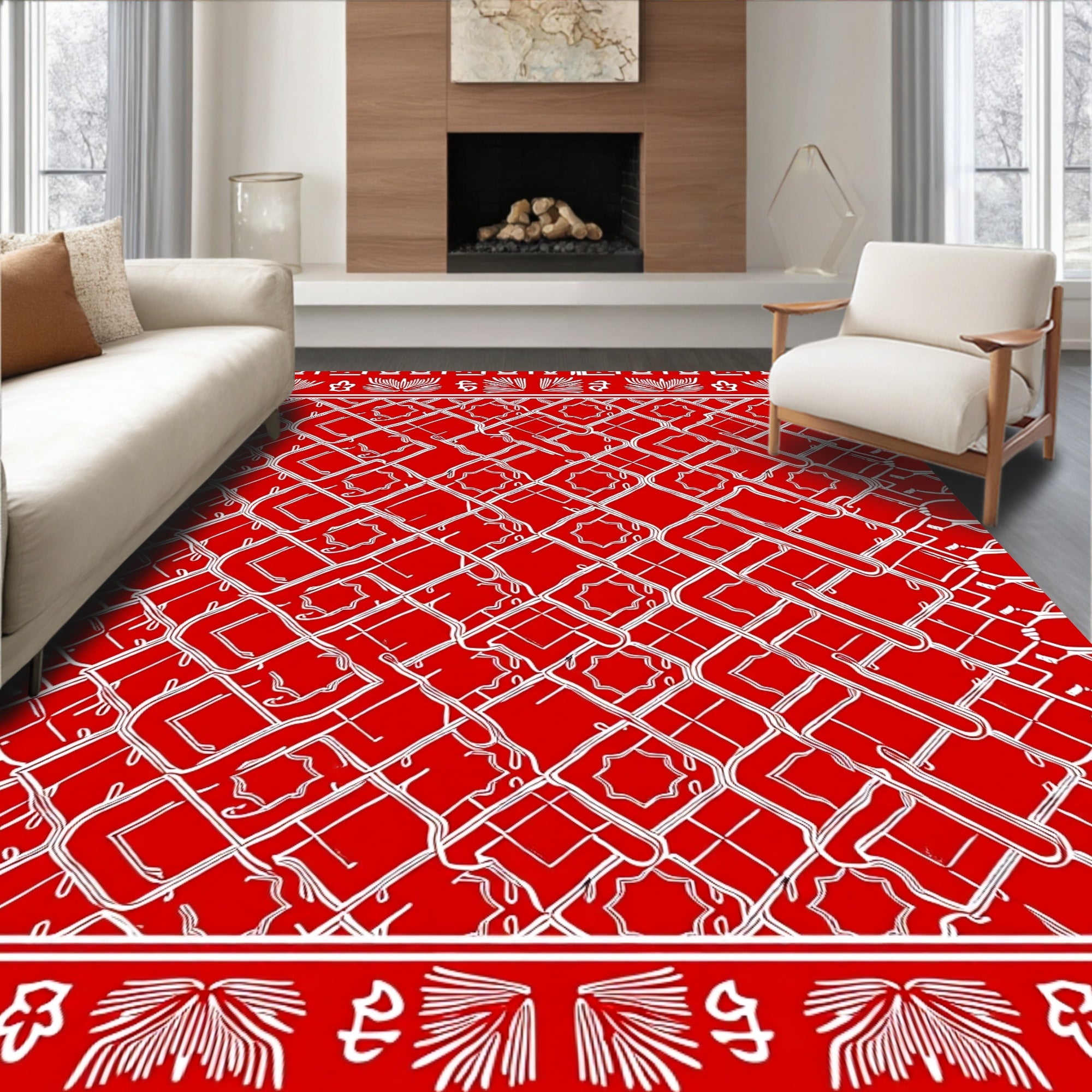 Bold Red White Interlocking Geometric Pattern Rug
