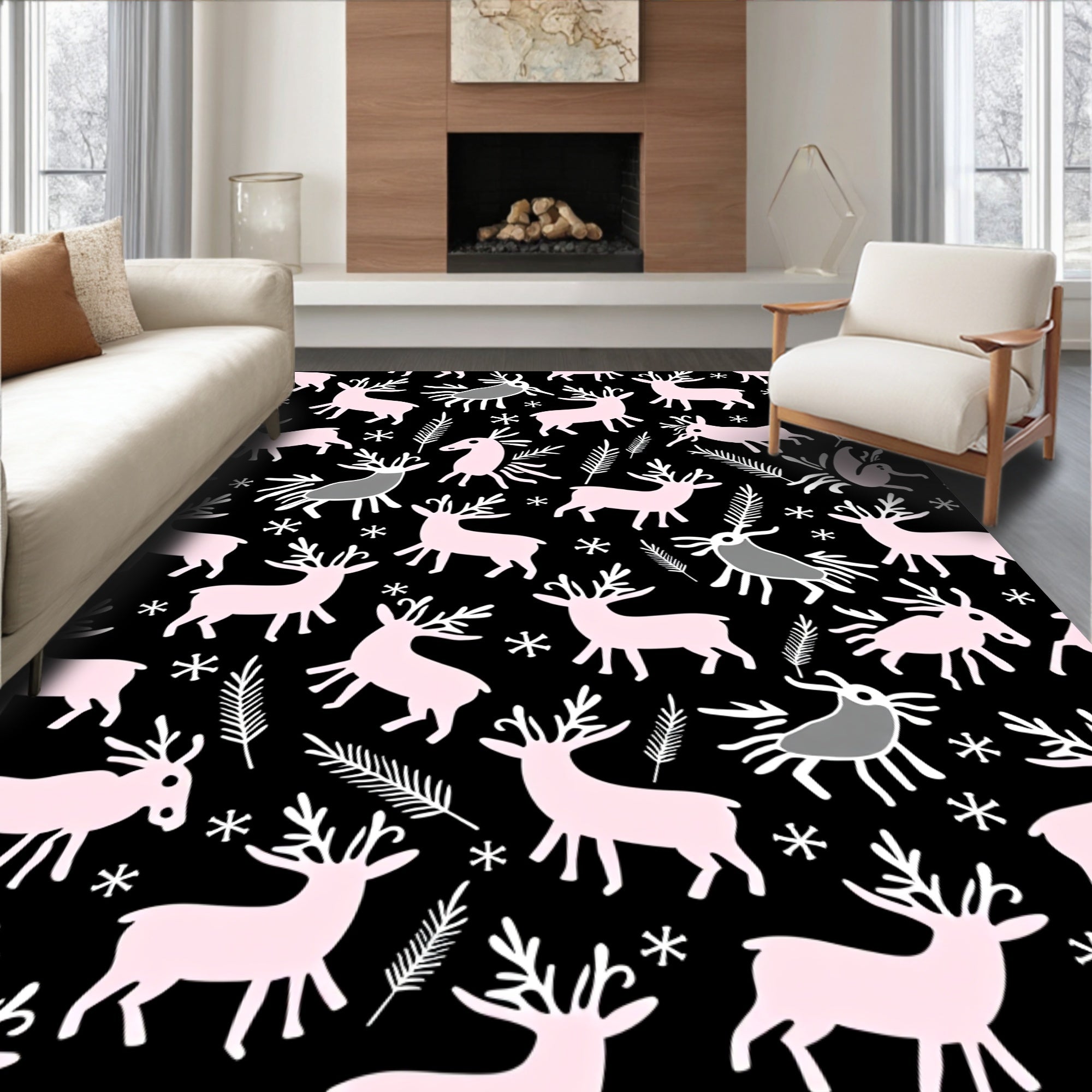 Pastel Deer Black Forest Snowflakes Rug