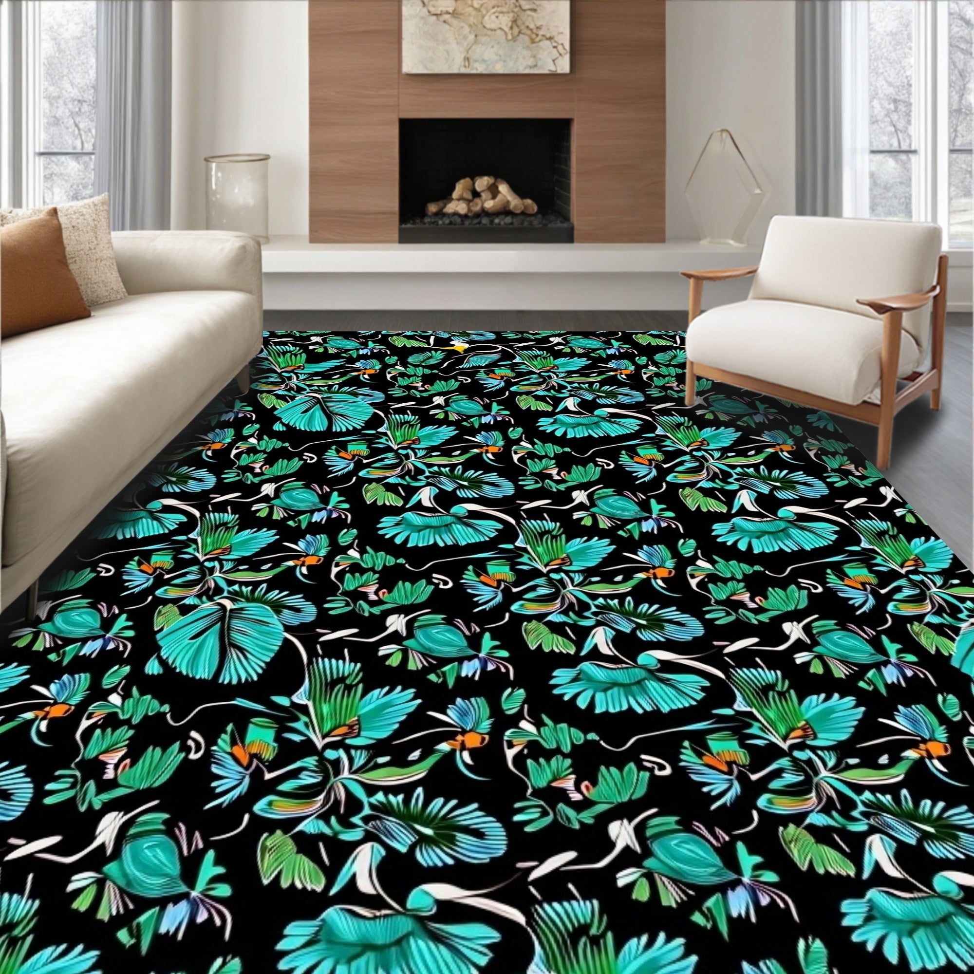 Tropical Teal Floral Patterns Rug