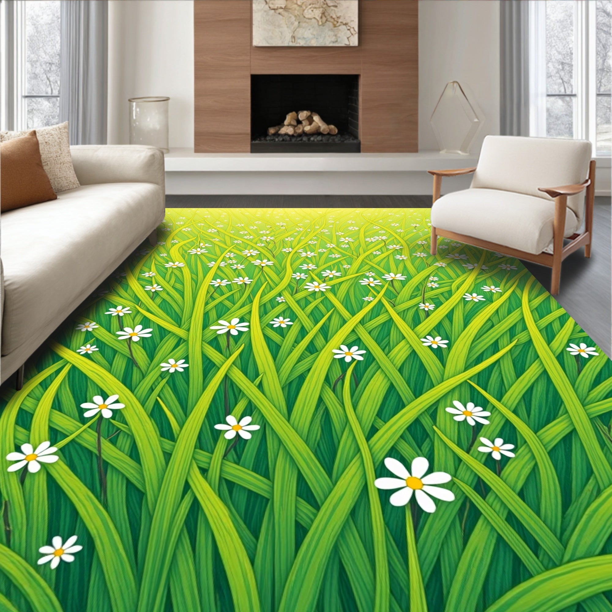 Green Grass And Daisy Fields Rug