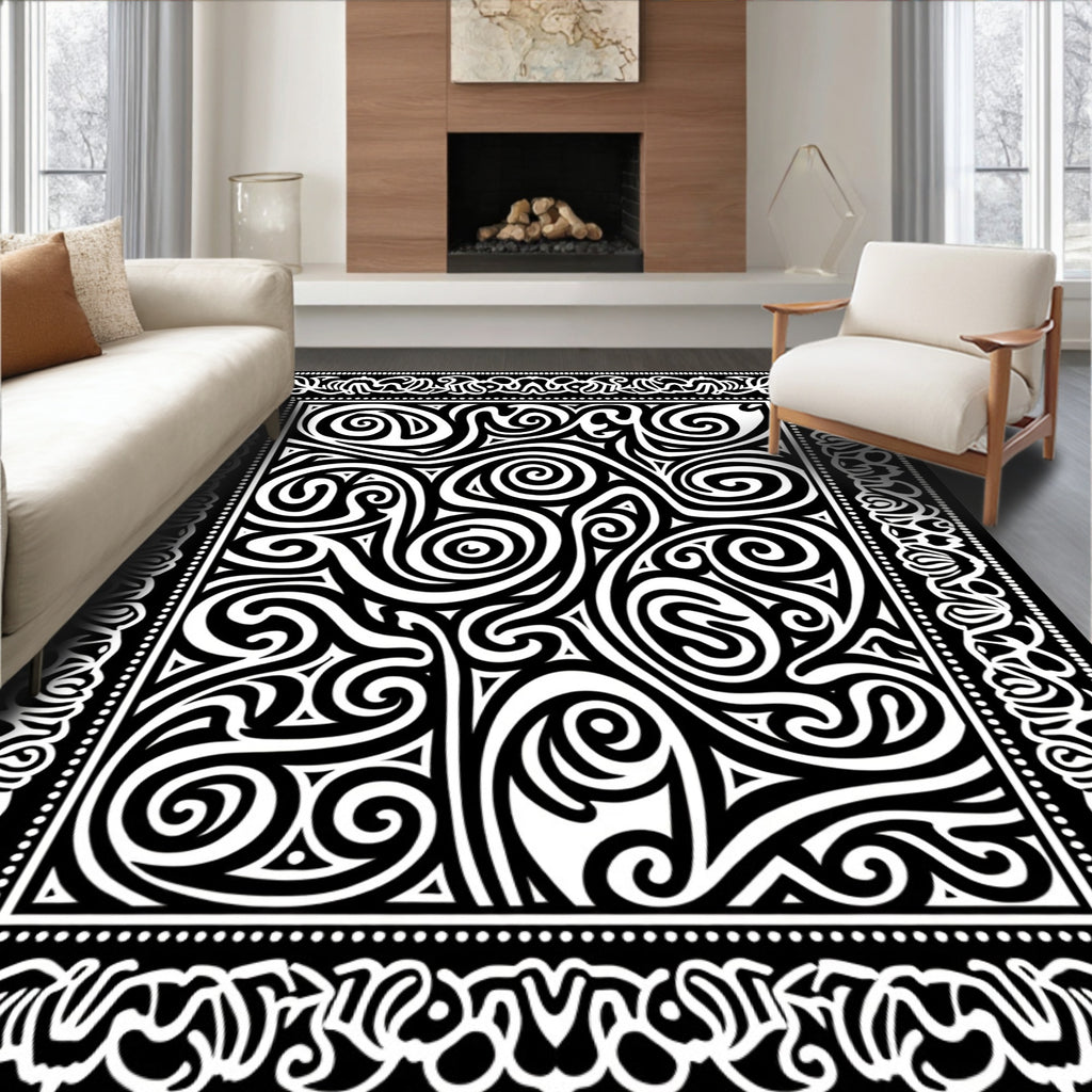 Ornate Scrollwork Black and White Design Rug
