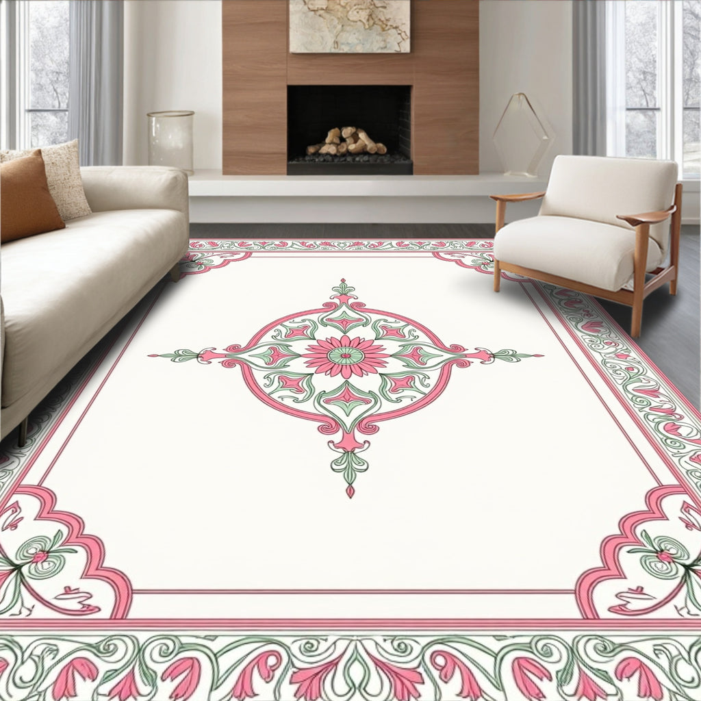 Elegant Pink Green Floral Medallion Rug