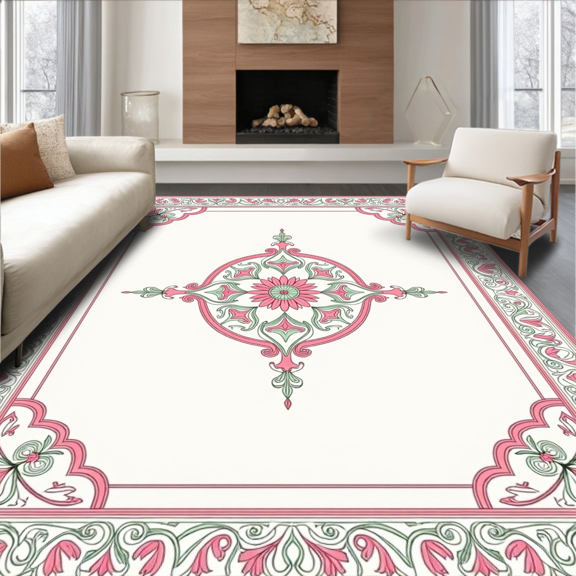 Elegant Pink Green Floral Medallion Rug