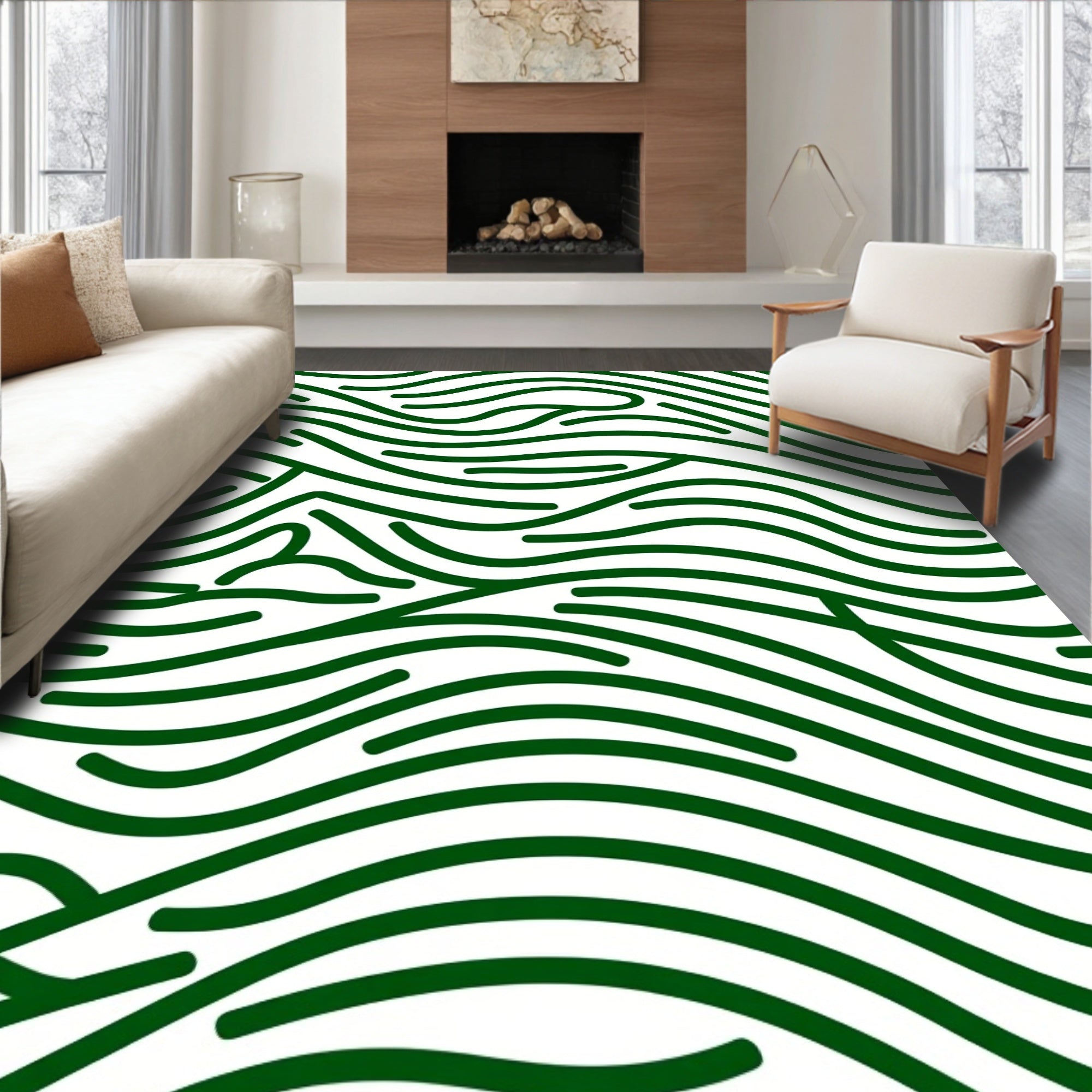 Modern Green Wavy Abstract Design Rug