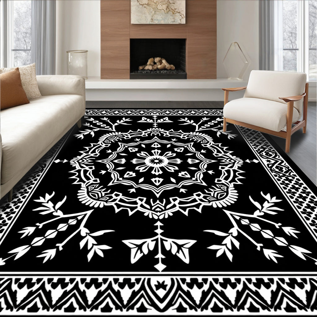 Bold Black White Medallion Floral Rug