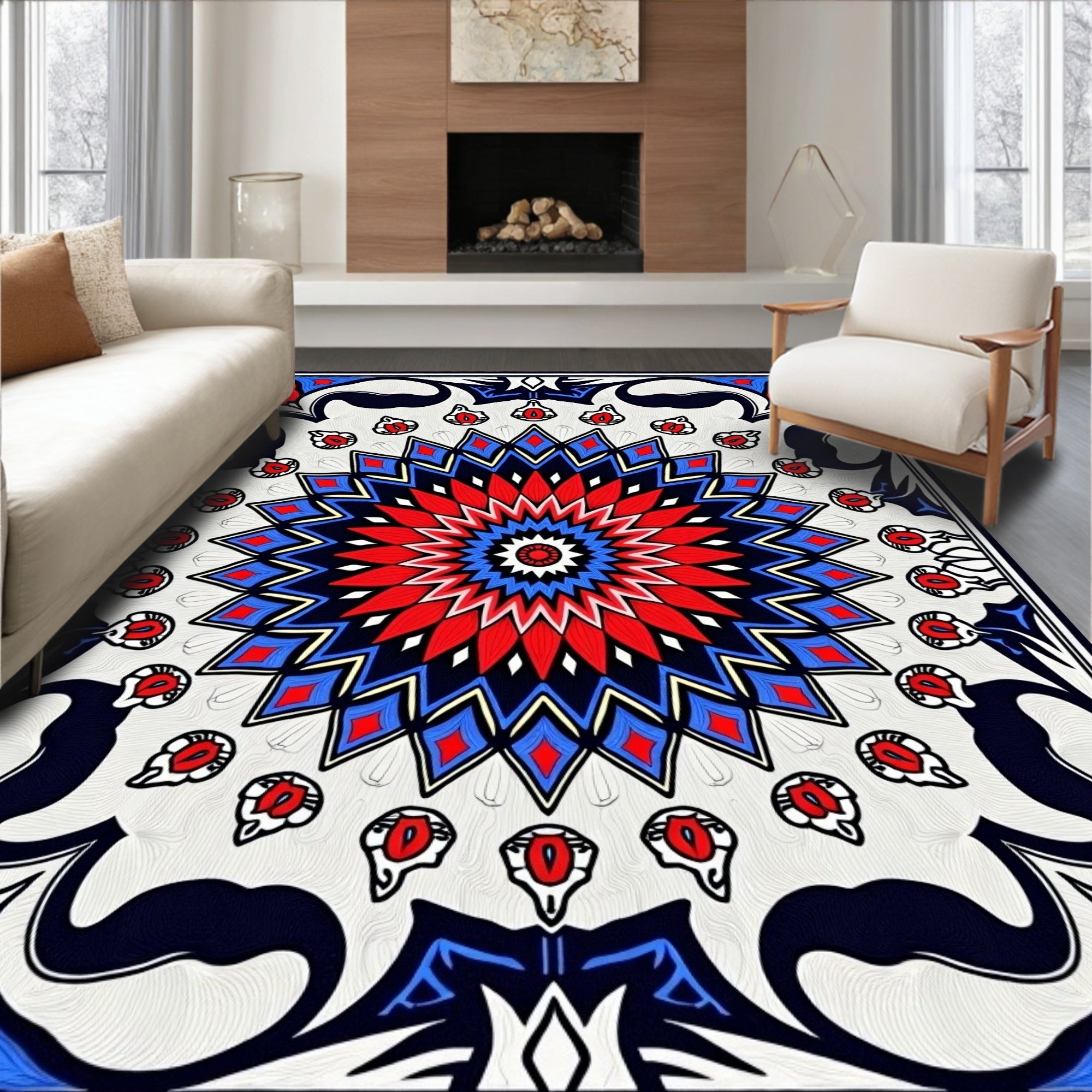 Bold Radial Mandala Red Blue Design Rug